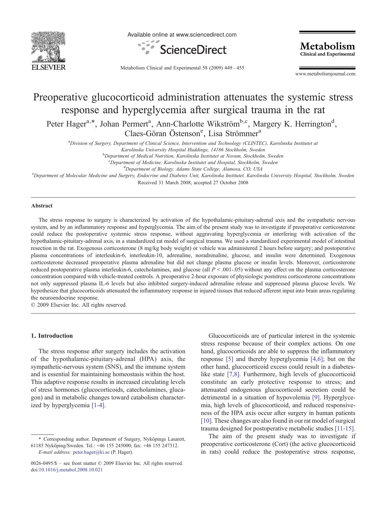 Preoperative glucocorticoid administration attenuates the systemic stress response and hyperglycemia after surgical trauma in the rat by unknow