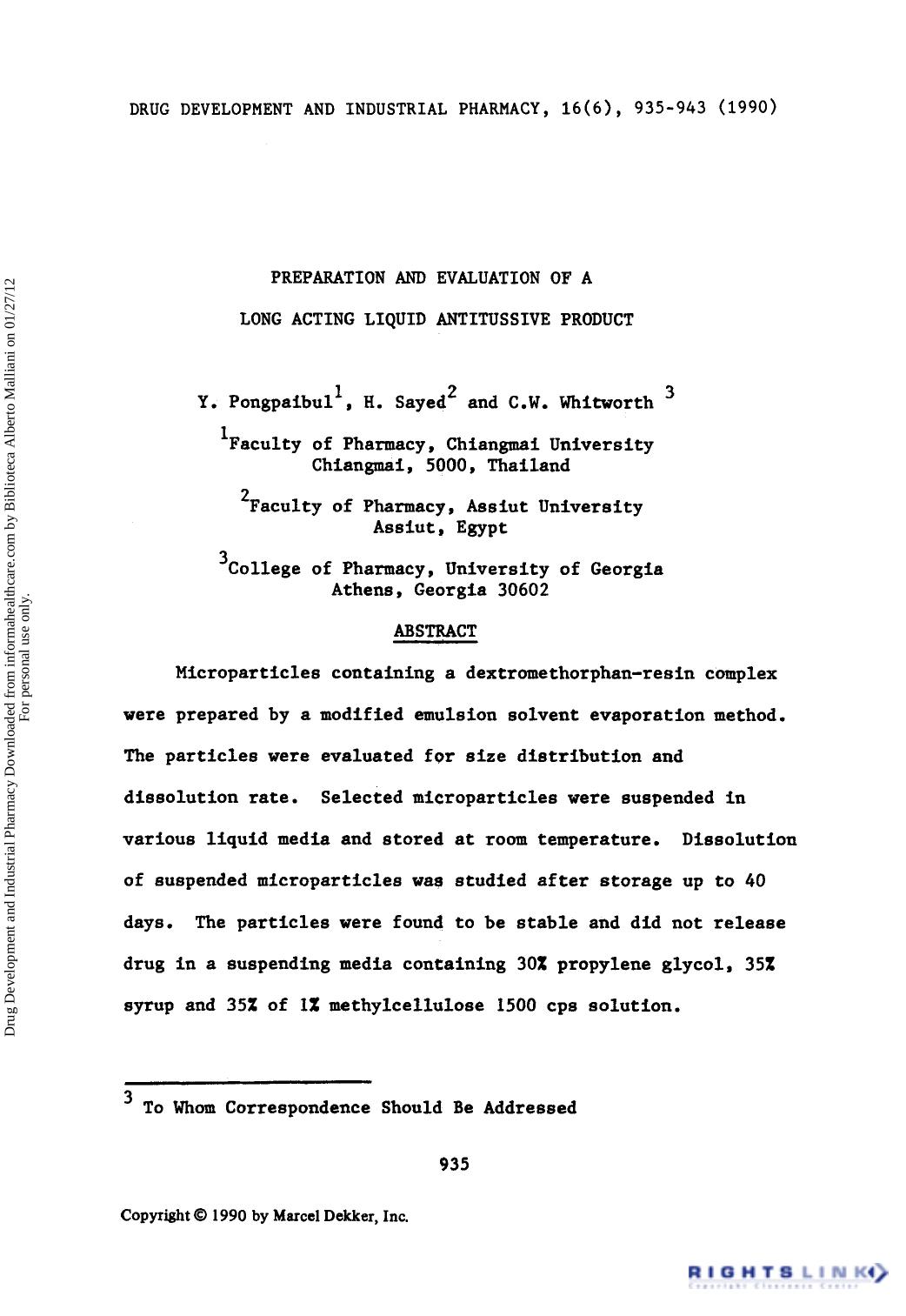 Preparation And Evaluation of A Long Acting Liquied Antitussive Product by Y. Pongpaibul H Sayed & C. W. Whiteworth