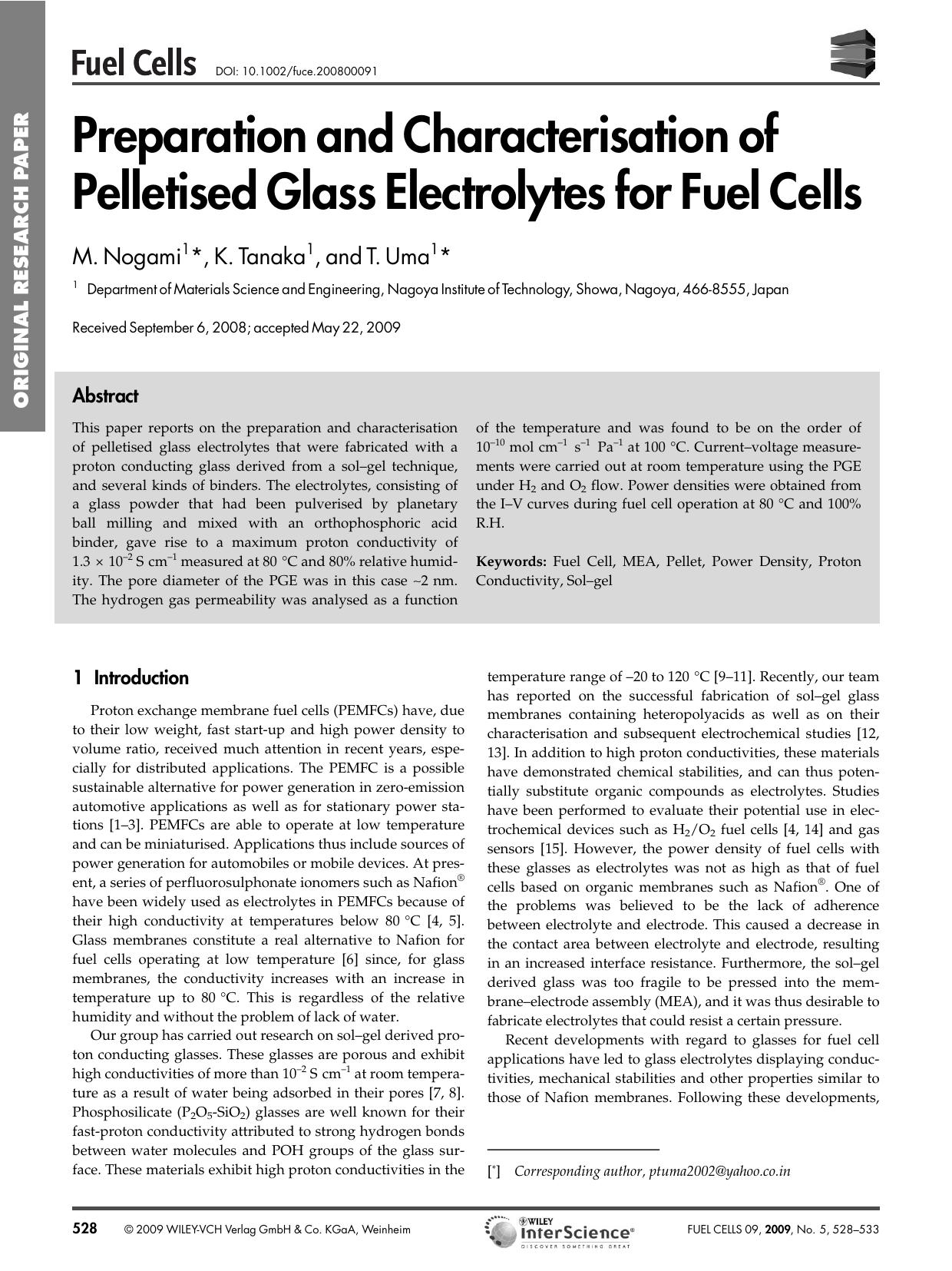 Preparation and Characterisation of Pelletised Glass Electrolytes for Fuel Cells by Unknown