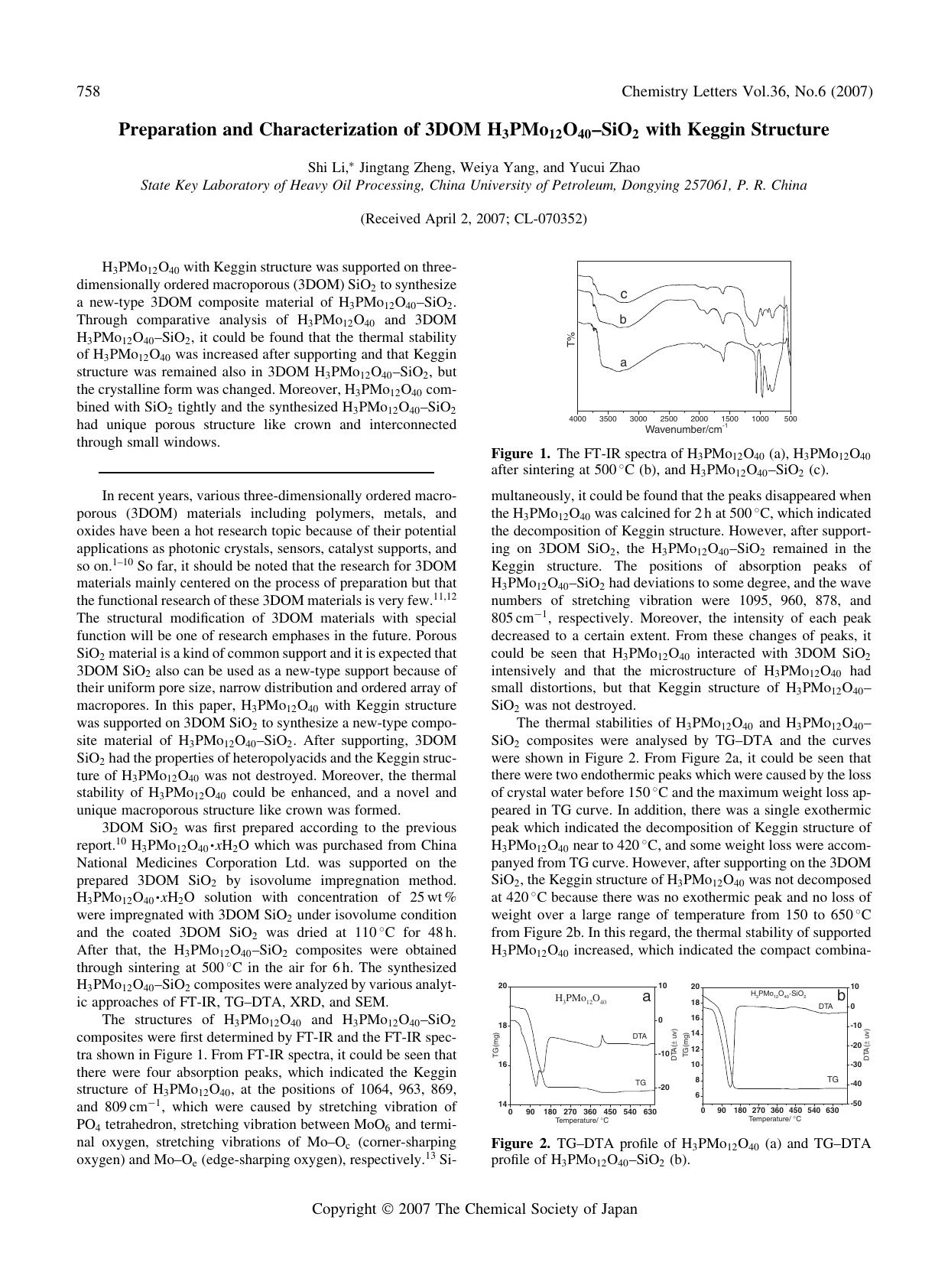 Preparation and Characterization of 3DOM H_{3}PMo_{12}O_{40}--SiO_{2} with Keggin Structure by Shi Li Jingtang Zheng Weiya Yang and Yucui Zhao