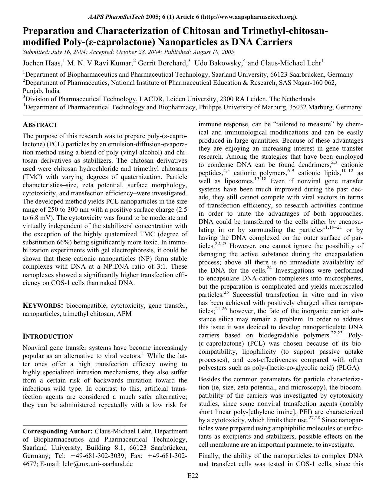 Preparation and Characterization of Chitosan and Trimethyl-chitosan-modified Poly-(e-caprolactone) Nanoparticles as DNA Carriers by Haas J & Ravi Kumar MNV & Borchard G & Bakowsky U & Lehr CM