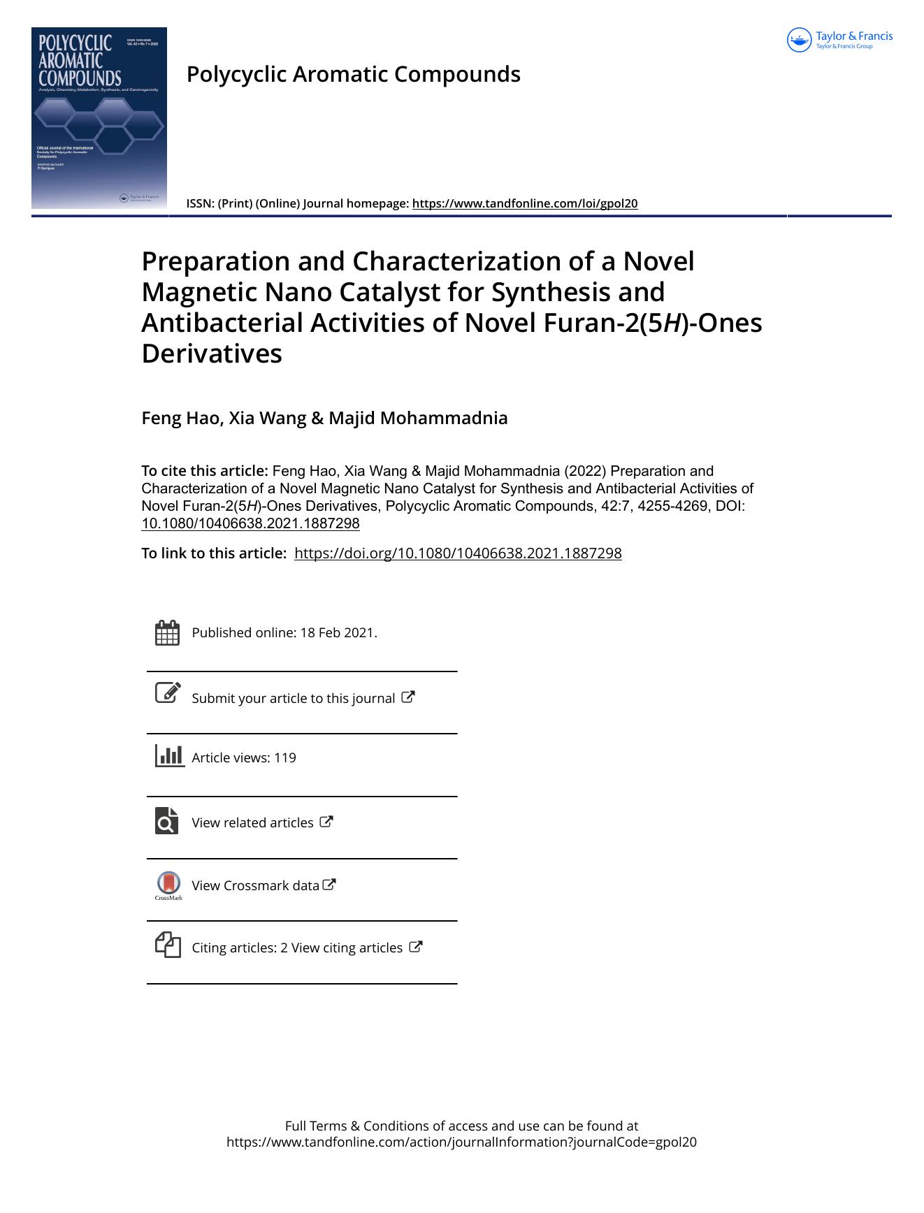 Preparation and Characterization of a Novel Magnetic Nano Catalyst for Synthesis and Antibacterial Activities of Novel Furan-2(5H)-Ones Derivatives by Hao Feng & Wang Xia & Mohammadnia Majid
