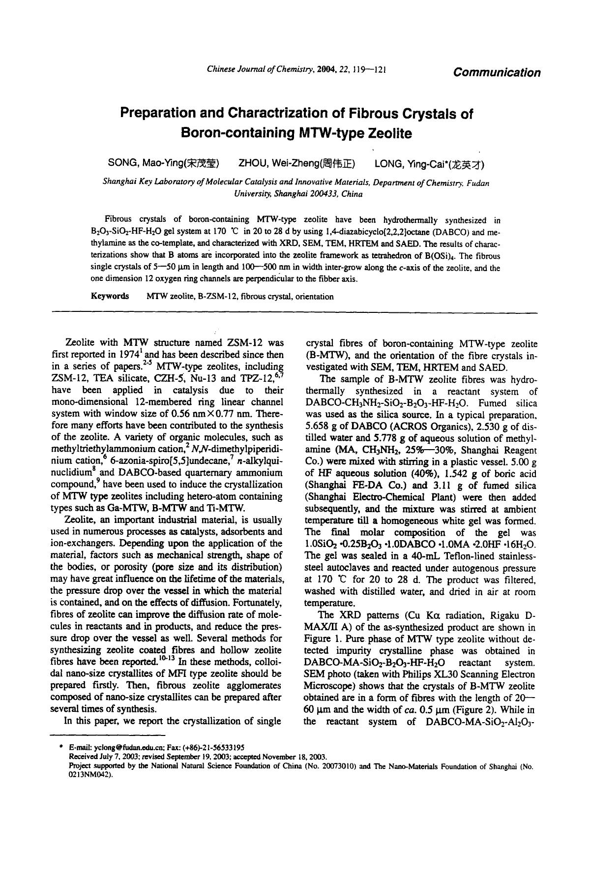 Preparation and Charactrization of Fibrous Crystals of Boroncontaining MTWtype Zeolite by Unknown