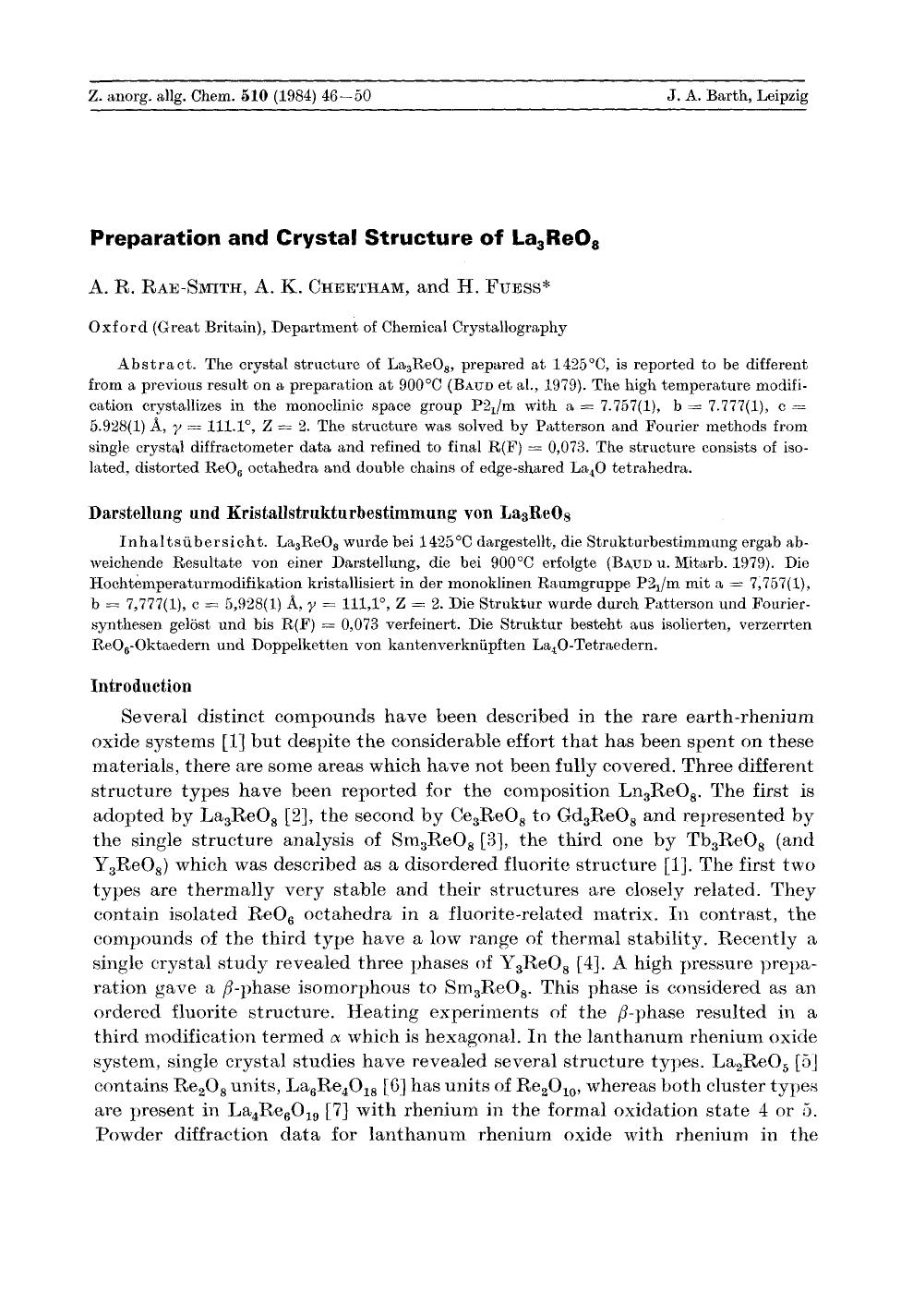 Preparation and Crystal Structure of La3ReO8 by Unknown