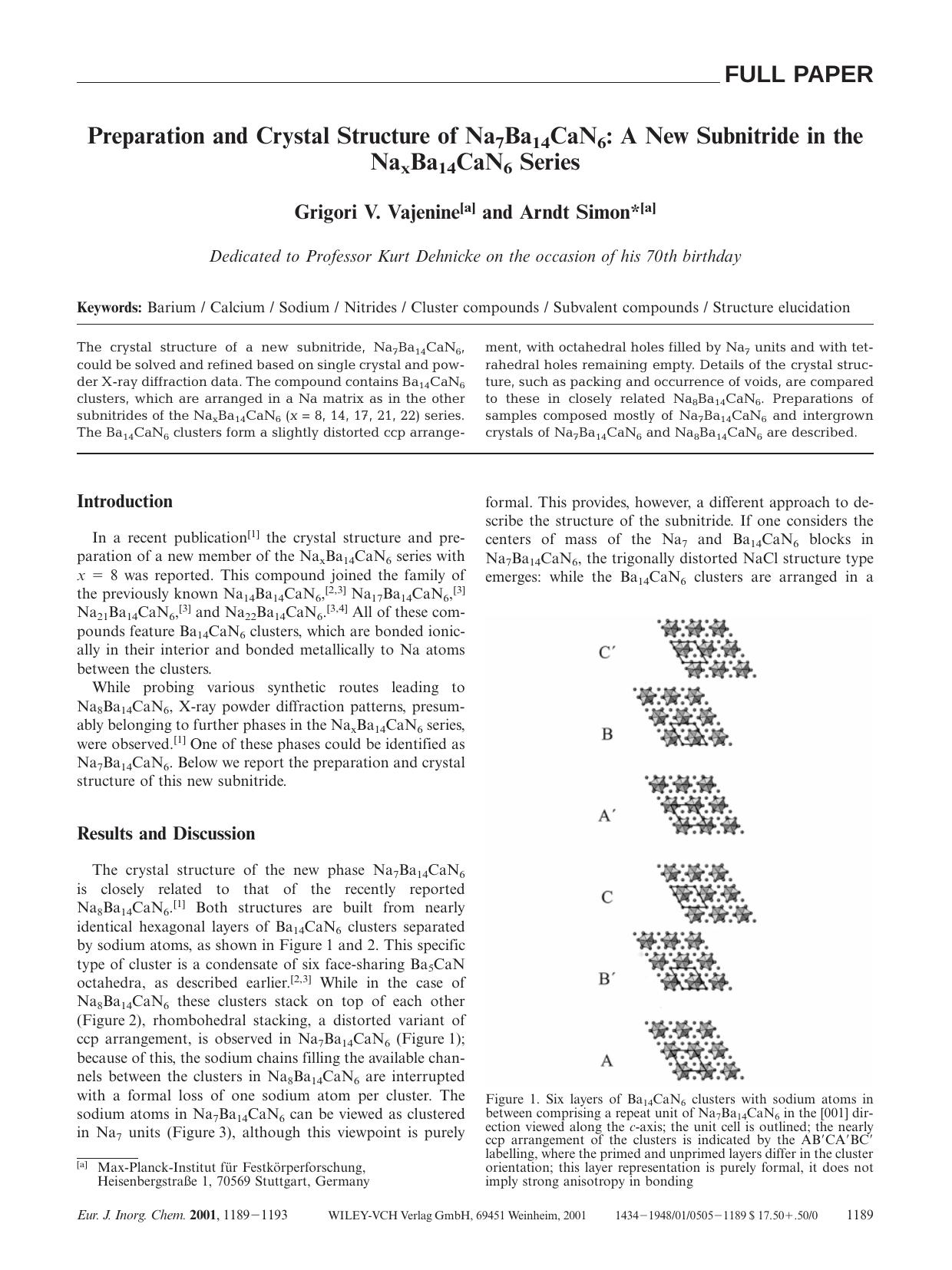 Preparation and Crystal Structure of Na7Ba14CaN6: A New Subnitride in the NaxBa14CaN6 Series by Unknown