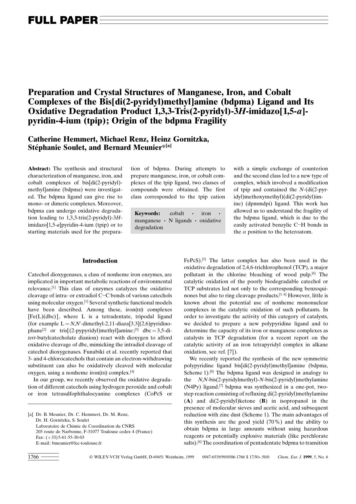 Preparation and Crystal Structures of Manganese, Iron, and Cobalt Complexes of the Bis[di(2-pyridyl)methyl]amine (bdpma) Ligand and Its Oxidative Degradation Product 1,3,3-Tris(2-p by Unknown