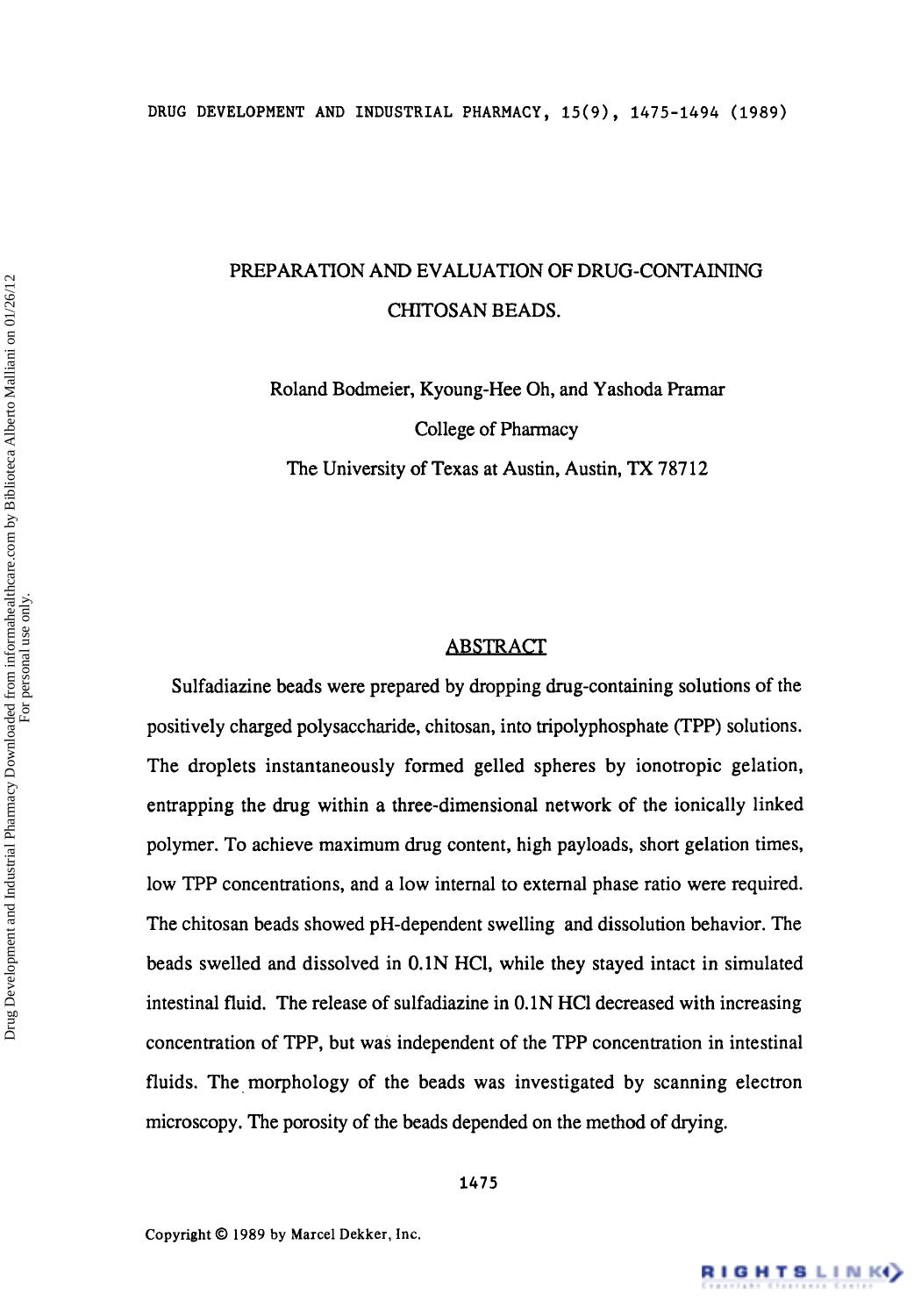 Preparation and Evaluation Of Drug-Containing Chitosan Beads by Roland Bodmeier Kyoung-Hee Oh & Yashoda Pramar