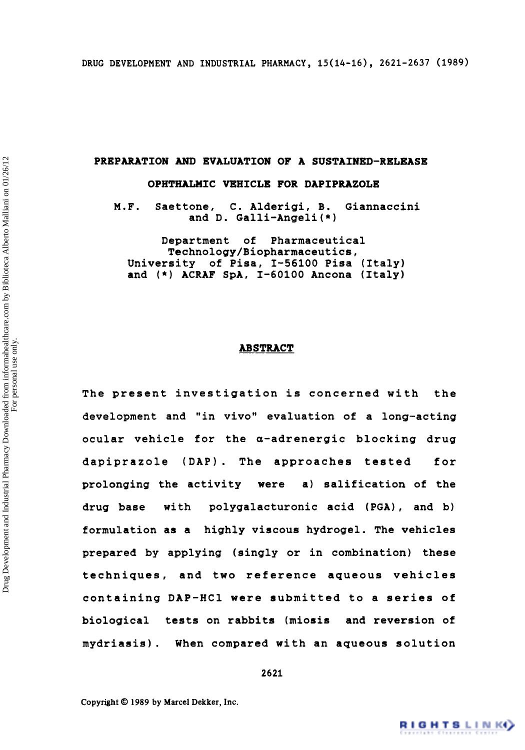 Preparation and Evaluation of A Sustained-Release Ophthalmic Vehicle for Dapiprazole by M. F. Saettone C. Alderigi B. Giannaccini & D. Galli-angeli