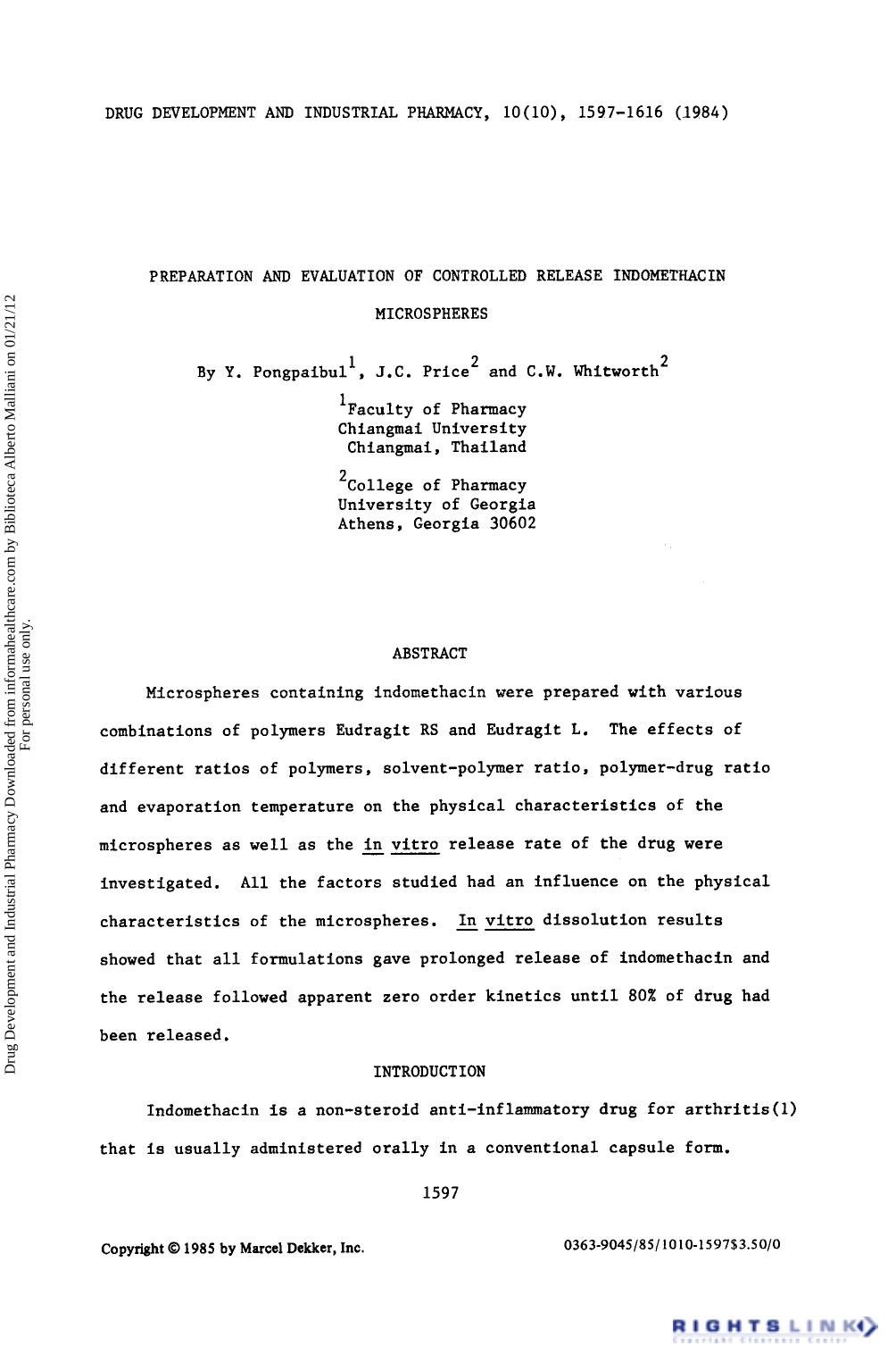 Preparation and Evaluation of Controlled Release Indomethacin Microspheres by Y. Pongpaibul J. C. Price & C. W. Whitworth
