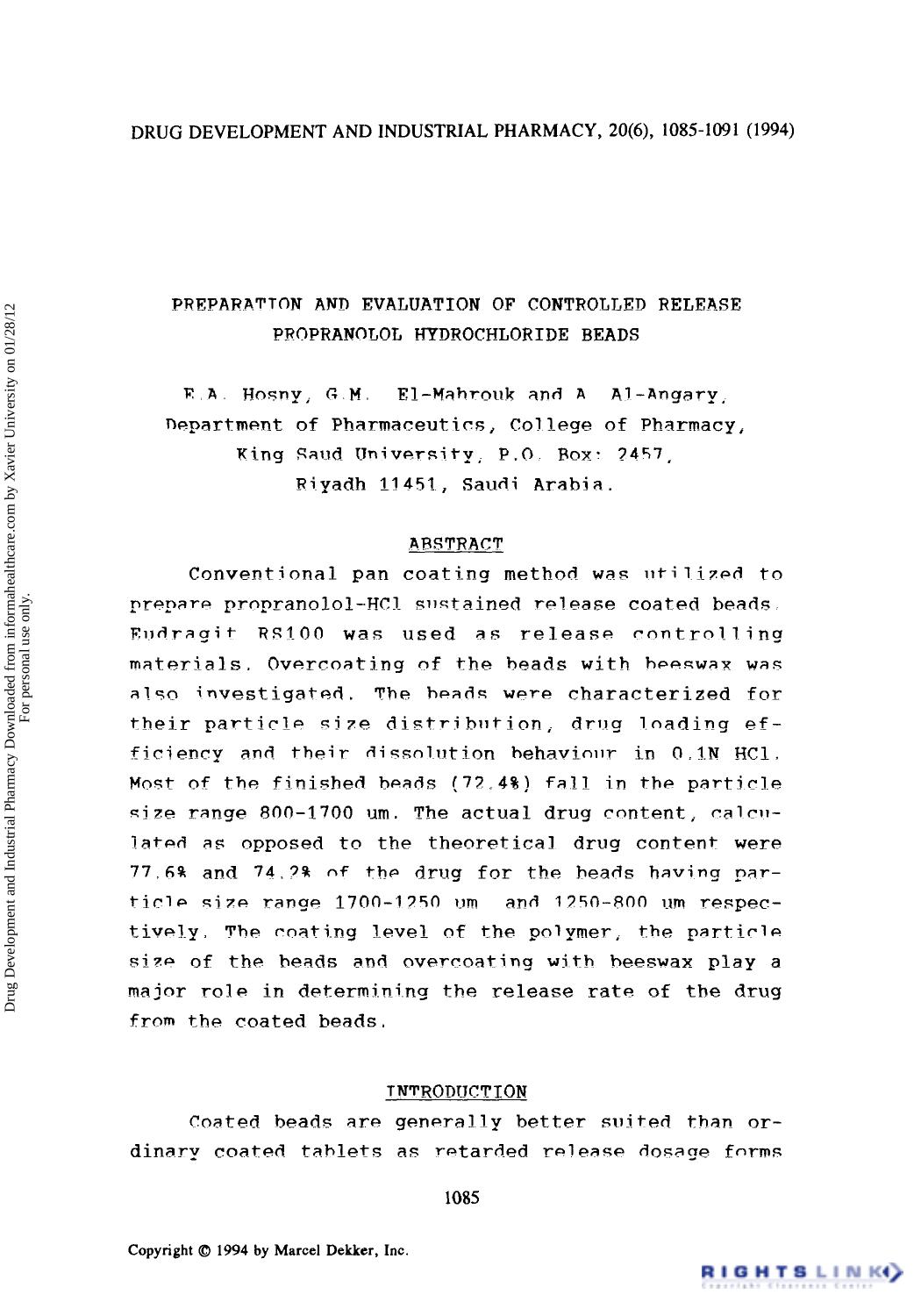 Preparation and Evaluation of Controlled Release Propranolol Hydrochloride Beads by F. A. Hosny G. M. El-Mahrouk & A Al-Angary