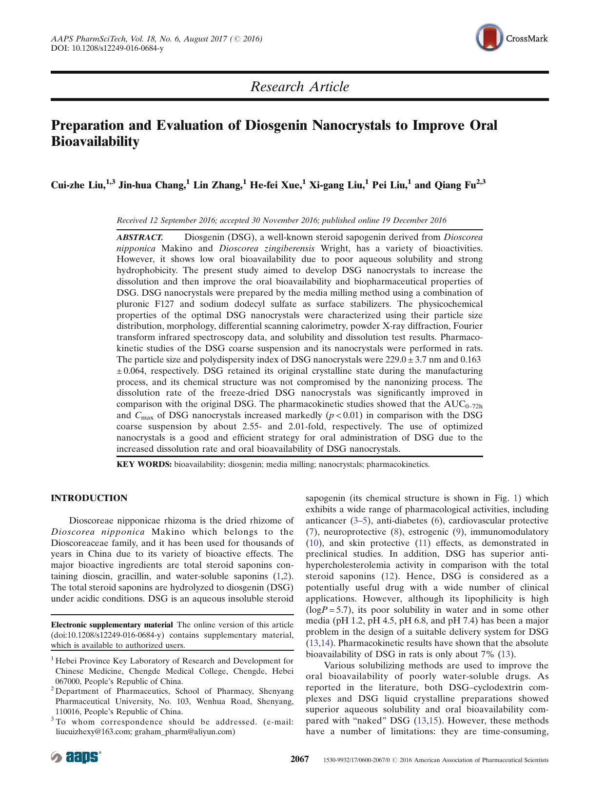 Preparation and Evaluation of Diosgenin Nanocrystals to Improve Oral Bioavailability by Cui-zhe Liu & Jin-hua Chang & Lin Zhang & He-fei Xue & Xi-gang Liu & Pei Liu & Qiang Fu