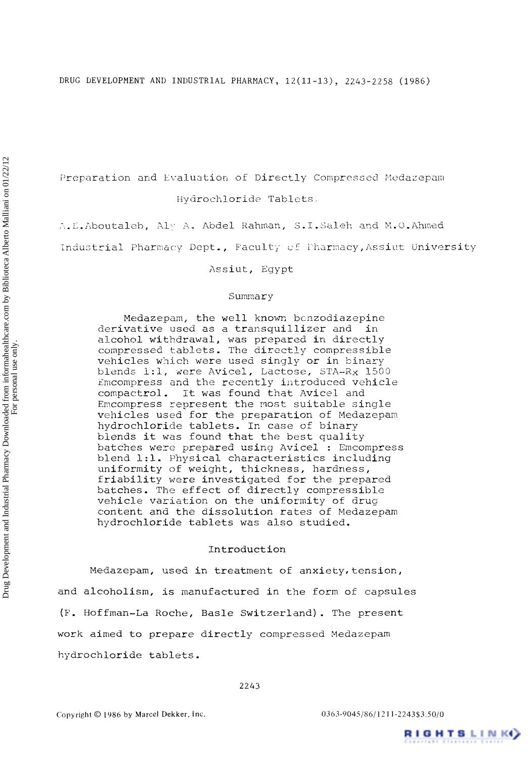 Preparation and Evaluation of Directly Compressed Medazepam Hydrochloride Tablets by A. E. Aboutaleb Aly A. Abdel Rahman S. I. Saleh & M. O. Ahmed