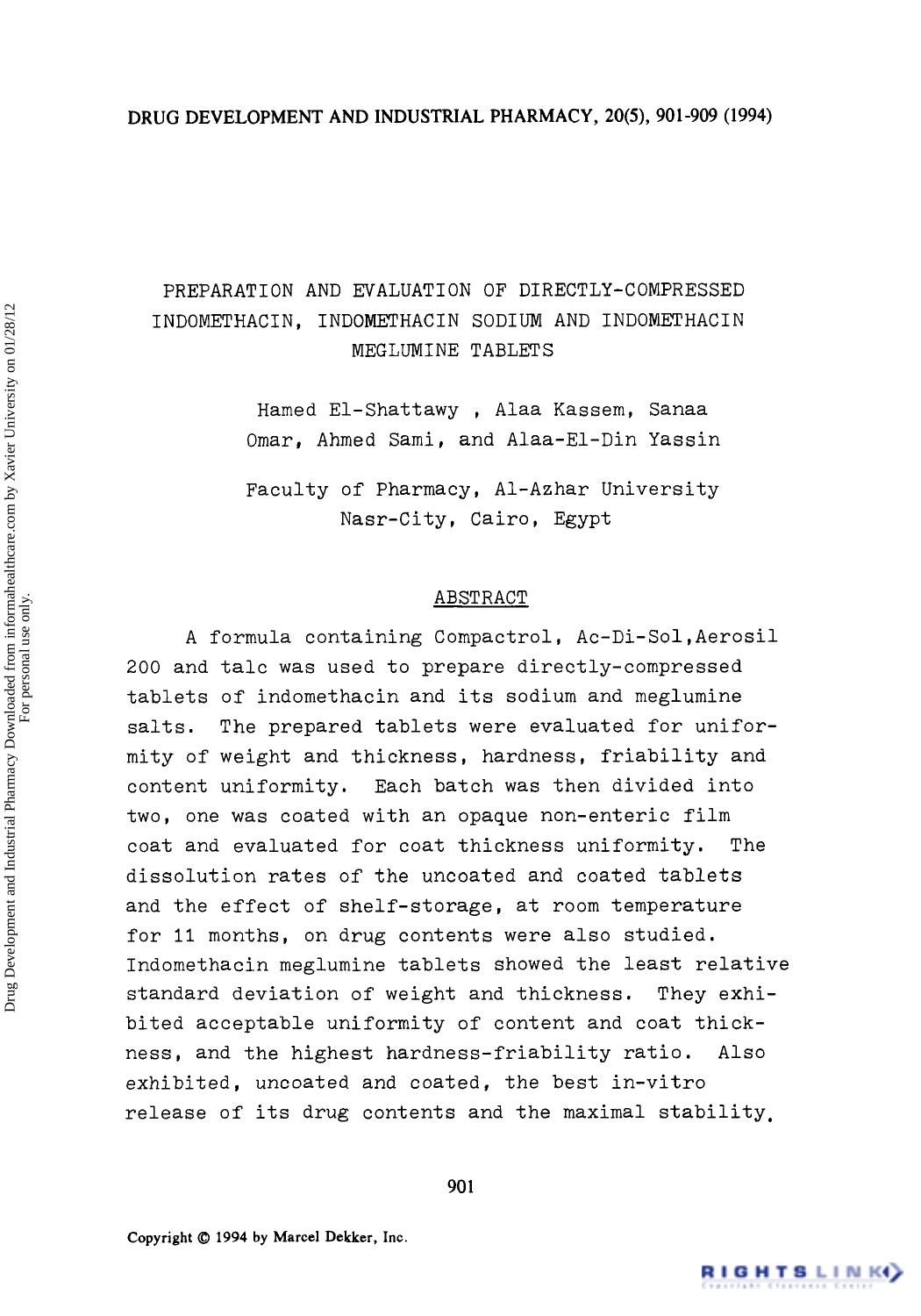Preparation and Evaluation of Directly-Compressed Indomethacin, Indomethacin Sodium and Indomethacin Meglumine Tablets by Hamed El-Shattawy Alaa Kassem Sanaa Omar Ahmed Sami & Alaa-El-Din Yassin