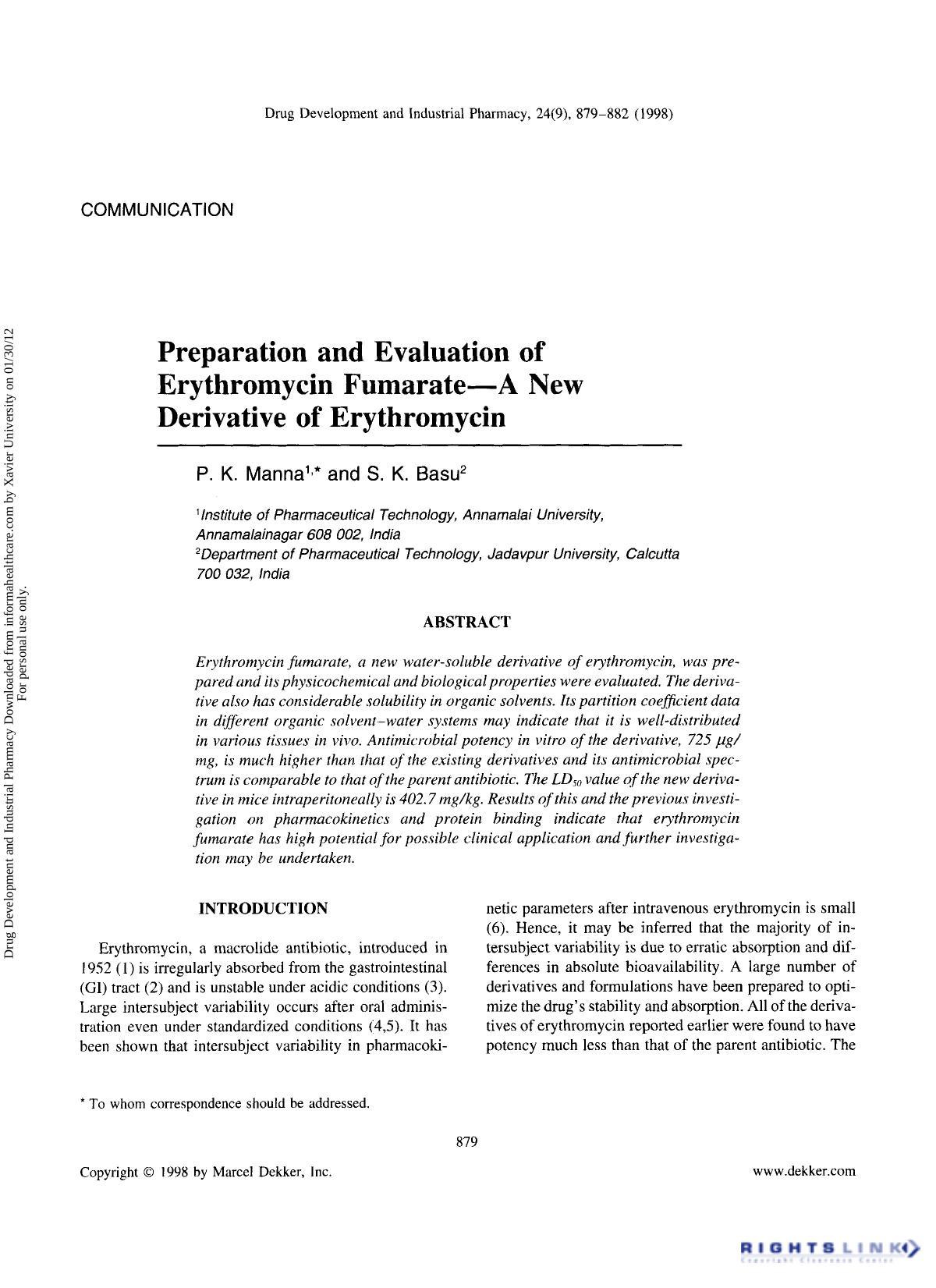 Preparation and Evaluation of Erythromycin Fumarate-A New Derivative of Erythromycin by P. K. Manna & S. K. Basu