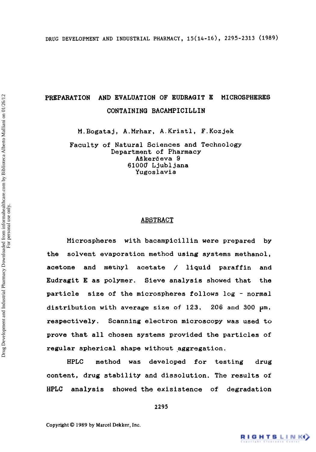 Preparation and Evaluation of Eudragit E Microspheres Containing Bacampicillin by M. Bogataj A. Mrhar A. Kristl & F. Kozjek