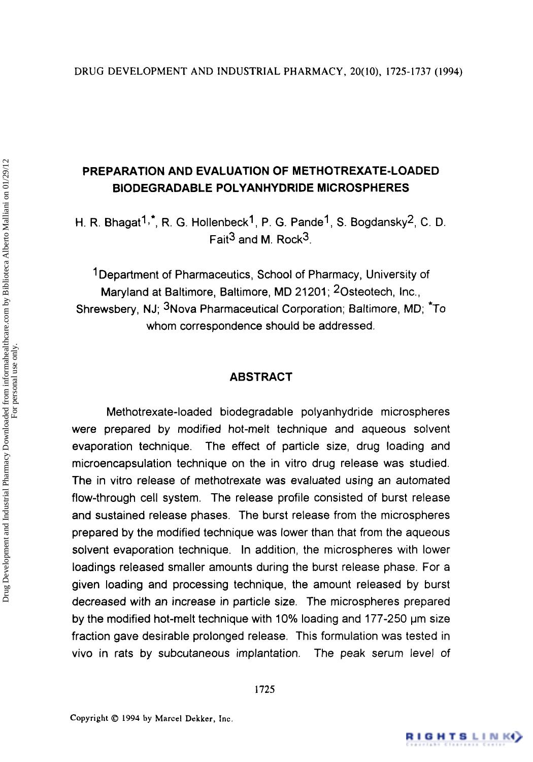 Preparation and Evaluation of Methotrexate-Loaded Biodegradable Polyanhydride Microspheres by H. R. Bhagat R. G. Hollenbeck P. G. Pande S. Bogdansky C. D. Fait & M. Rock