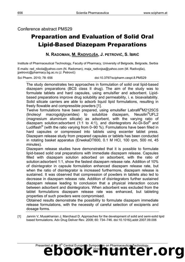 Preparation and Evaluation of Solid Oral Lipid-Based Diazepam Preparations by N. RADOMAN & M. RADIVOJŠA & J. PETROVIĆ & S. IBRIĆ