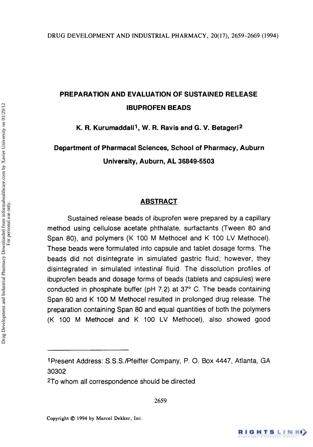 Preparation and Evaluation of Sustained Release Ibuprofen Beads by K. R. Kurumaddali W. R. Ravis & G. V. Betageri