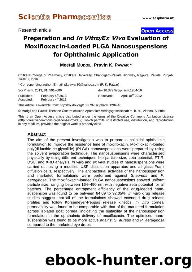 Preparation and In VitroEx Vivo Evaluation of Moxifloxacin-Loaded PLGA Nanosuspensions for Ophthalmic Application by Meetali MUDGIL Pravin K. PAWAR