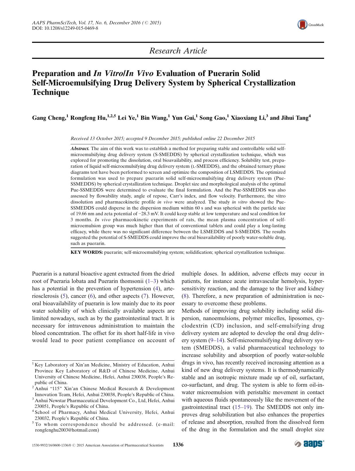 Preparation and In VitroIn Vivo Evaluation of Puerarin Solid Self-Microemulsifying Drug Delivery System by Spherical Crystallization Technique by Gang Cheng & Rongfeng Hu & Lei Ye & Bin Wang & Yun Gui & Song Gao & Xiaoxiang Li & Jihui Tang