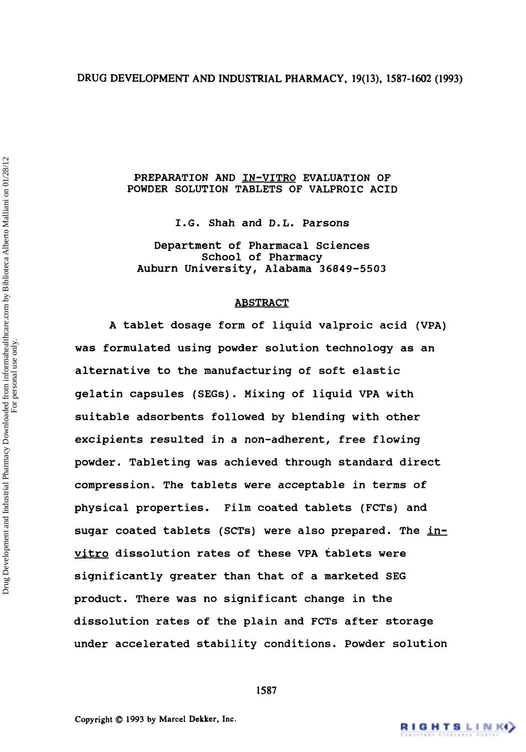 Preparation and In-Vitro Evaluation of Powder Solution Tablets of Valproic Acid by I. G. Shah & D. L. Parsons