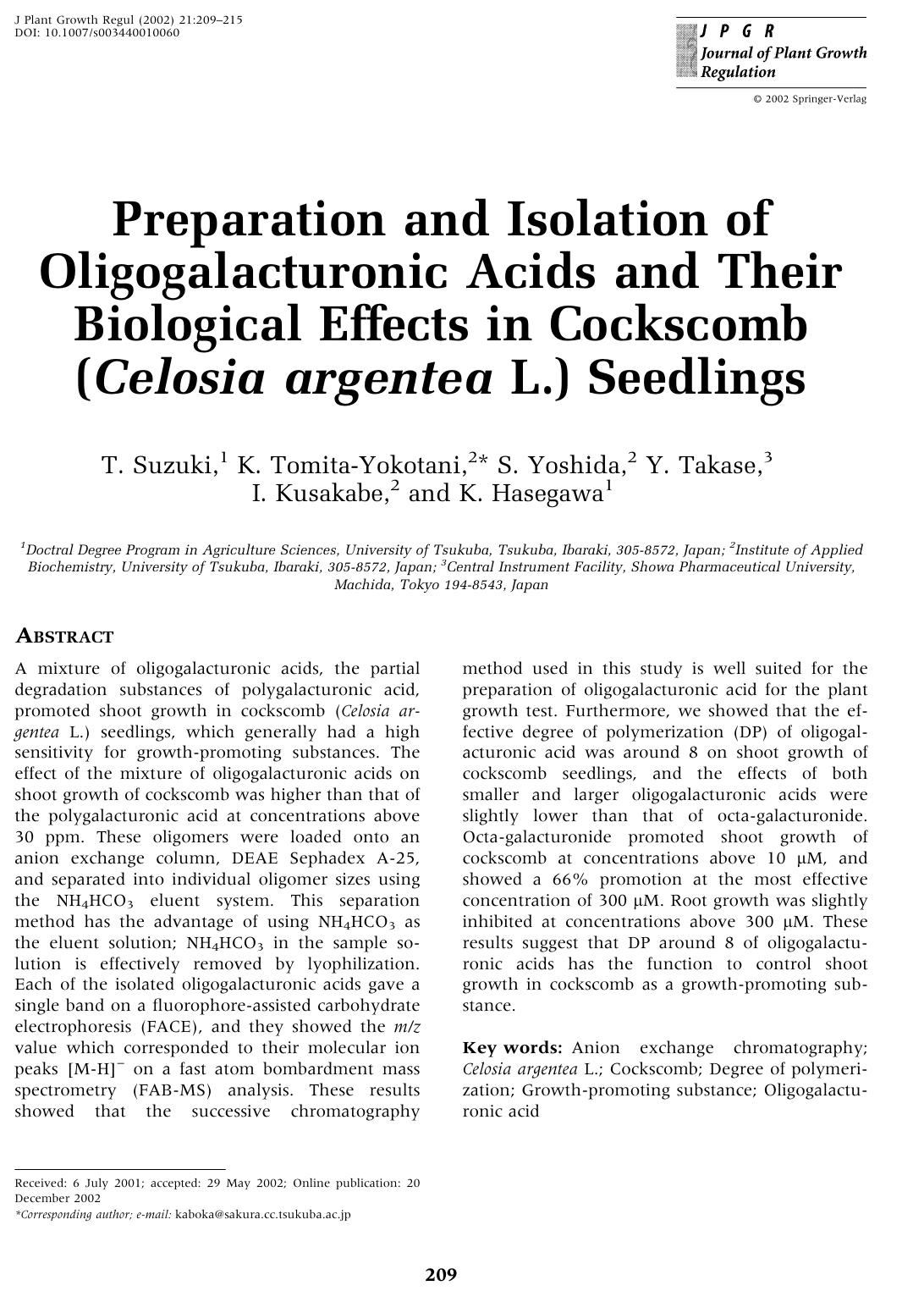 Preparation and Isolation of Oligogalacturonic Acids and Their Biological Effects in Cockscomb (Celosia argentea L.) Seedlings by Suzuki T. et al