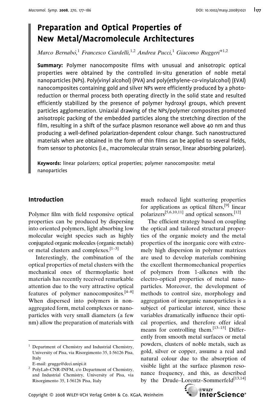 Preparation and Optical Properties of New MetalMacromolecule Architectures by Unknown