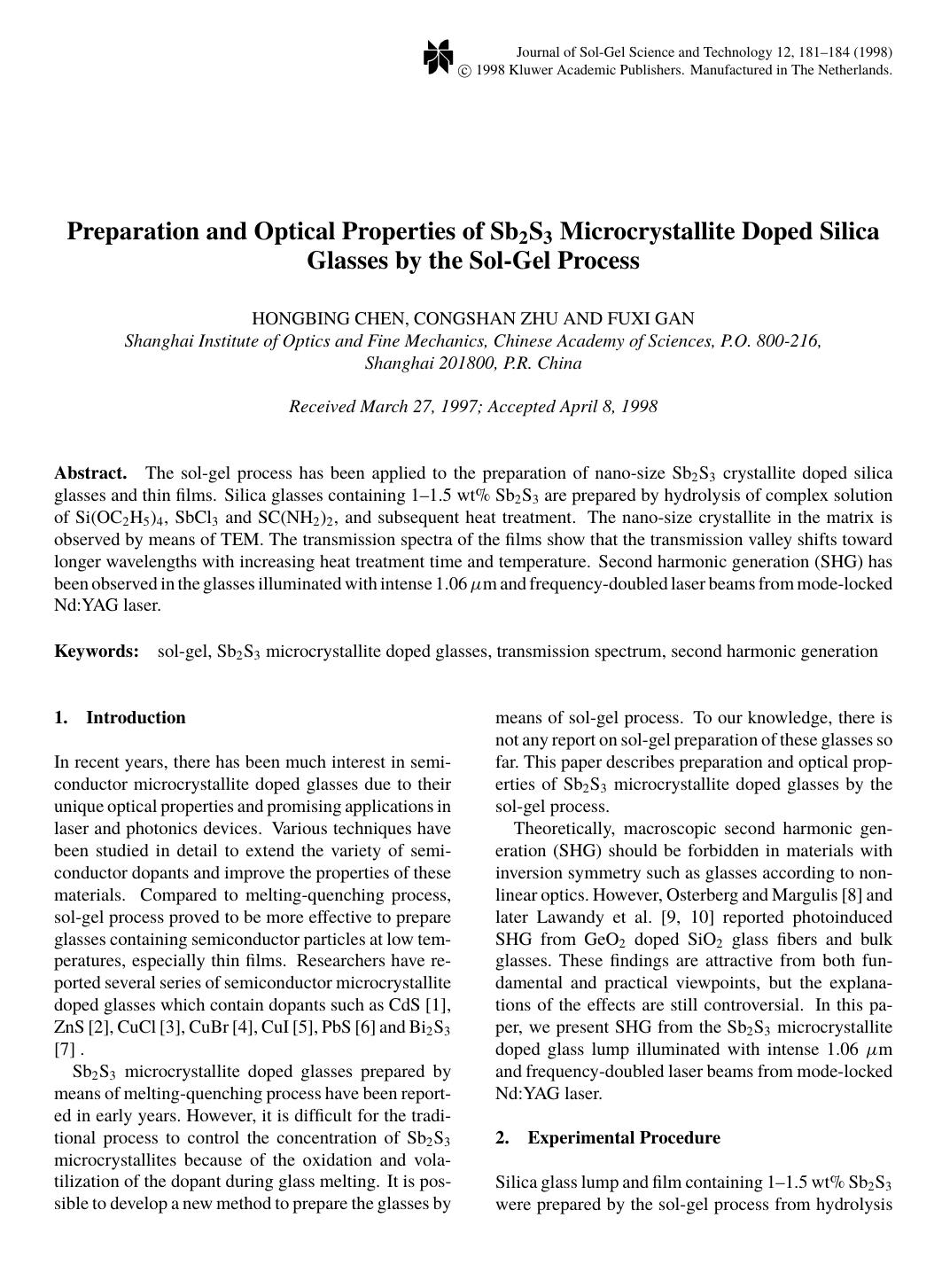 Preparation and Optical Properties of Sb2S3 Microcrystallite Doped Silica Glasses by the Sol-Gel Process by Unknown