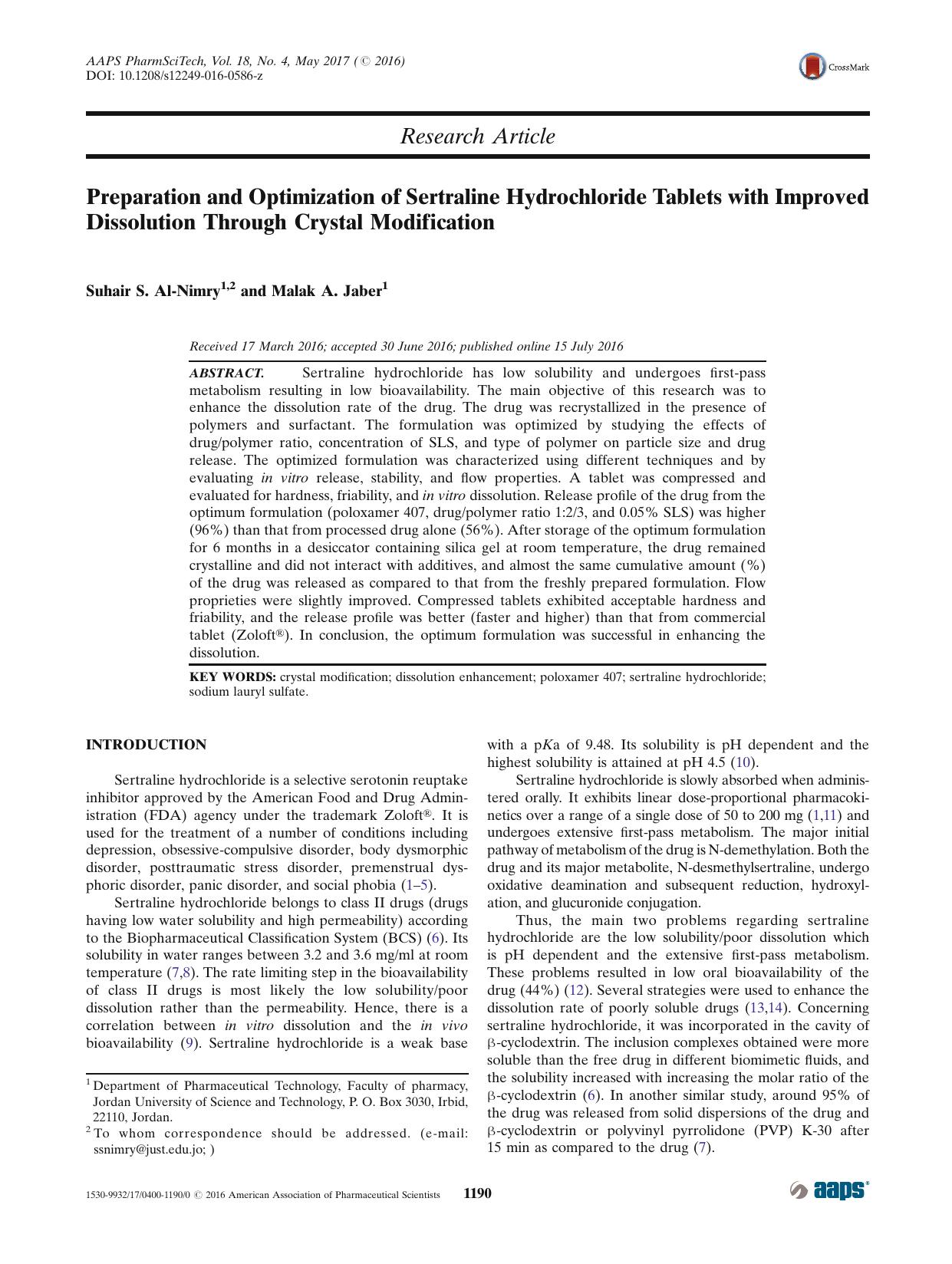 Preparation and Optimization of Sertraline Hydrochloride Tablets with Improved Dissolution Through Crystal Modification by Suhair S. Al-Nimry & Malak A. Jaber