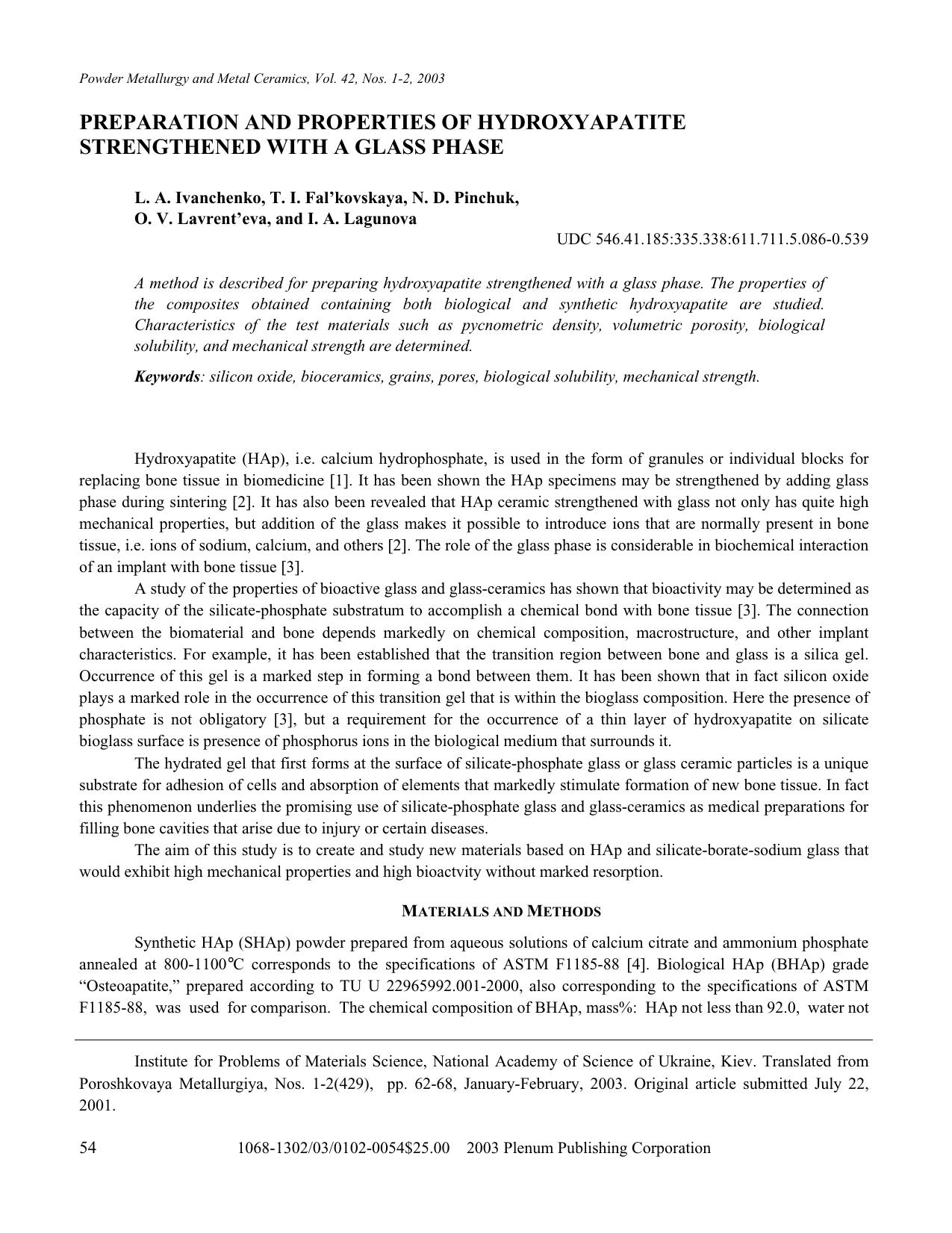 Preparation and Properties of Hydroxyapatite Strengthened with a Glass Phase by Unknown