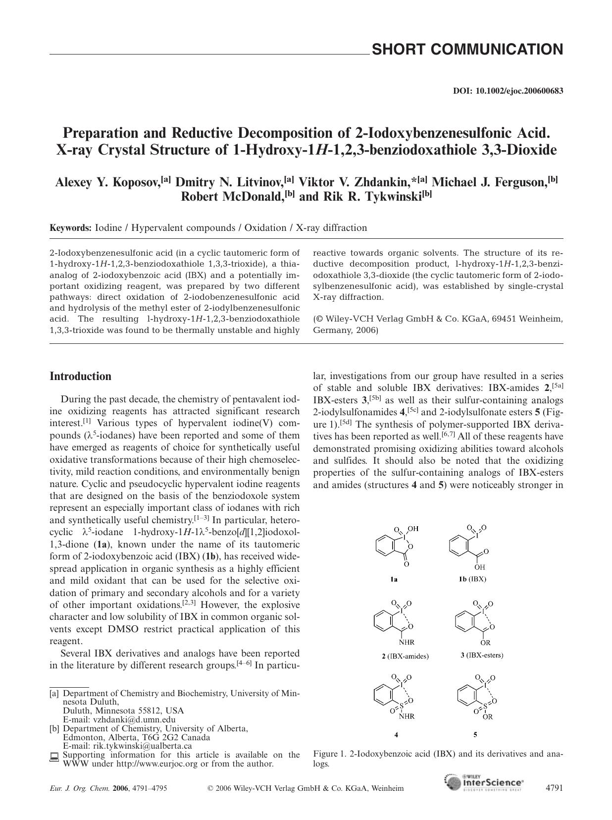 Preparation and Reductive Decomposition of 2-Iodoxybenzenesulfonic Acid. X-ray Crystal Structure of 1-Hydroxy-1H-1,2,3-benziodoxathiole 3,3-Dioxide by Unknown
