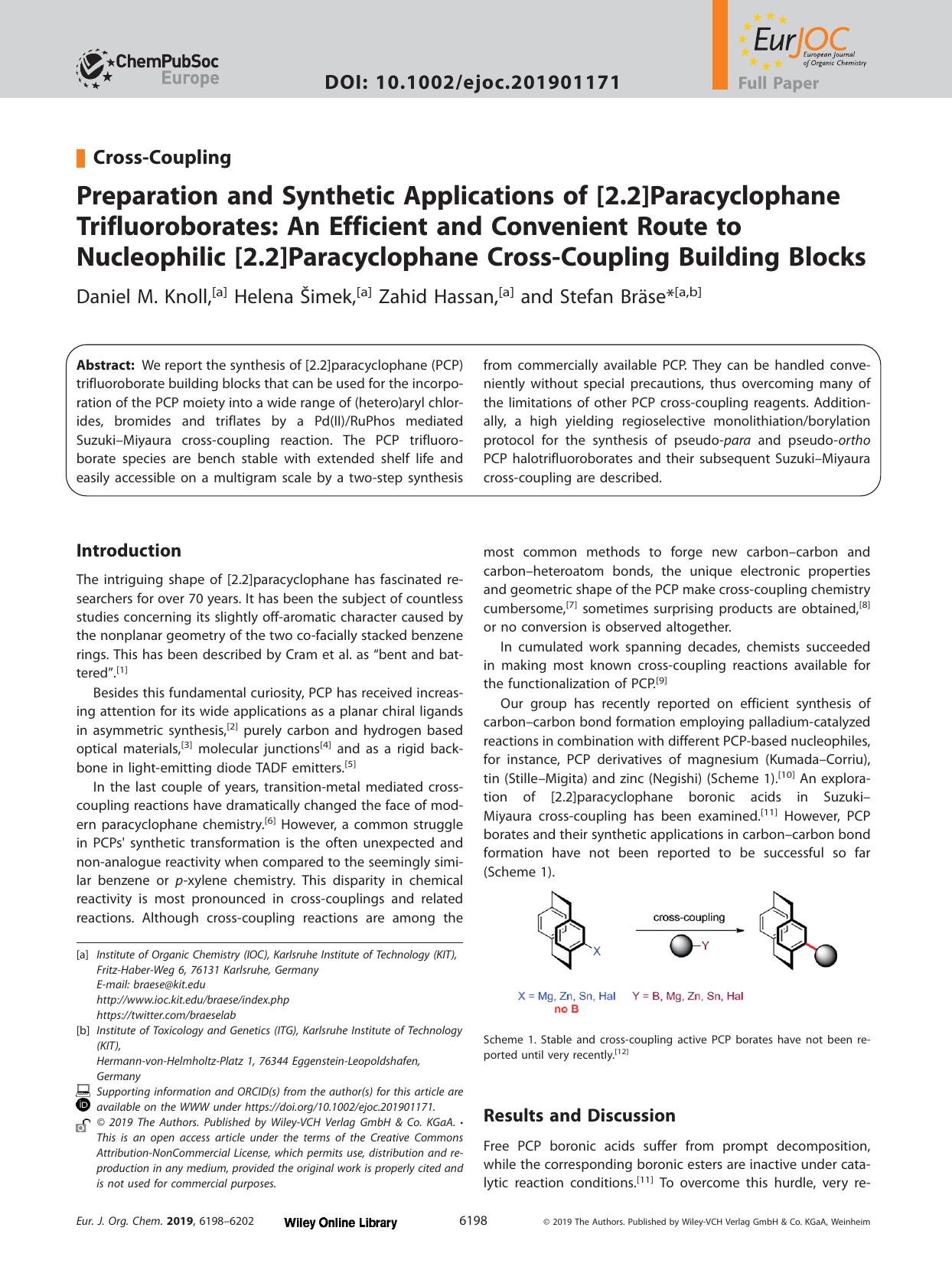 Preparation and Synthetic Applications of [2.2]Paracyclophane Trifluoroborates: An Efficient and Convenient Route to Nucleophilic [2.2]Paracyclophane Cross‐Coupling Building Blocks by Unknown