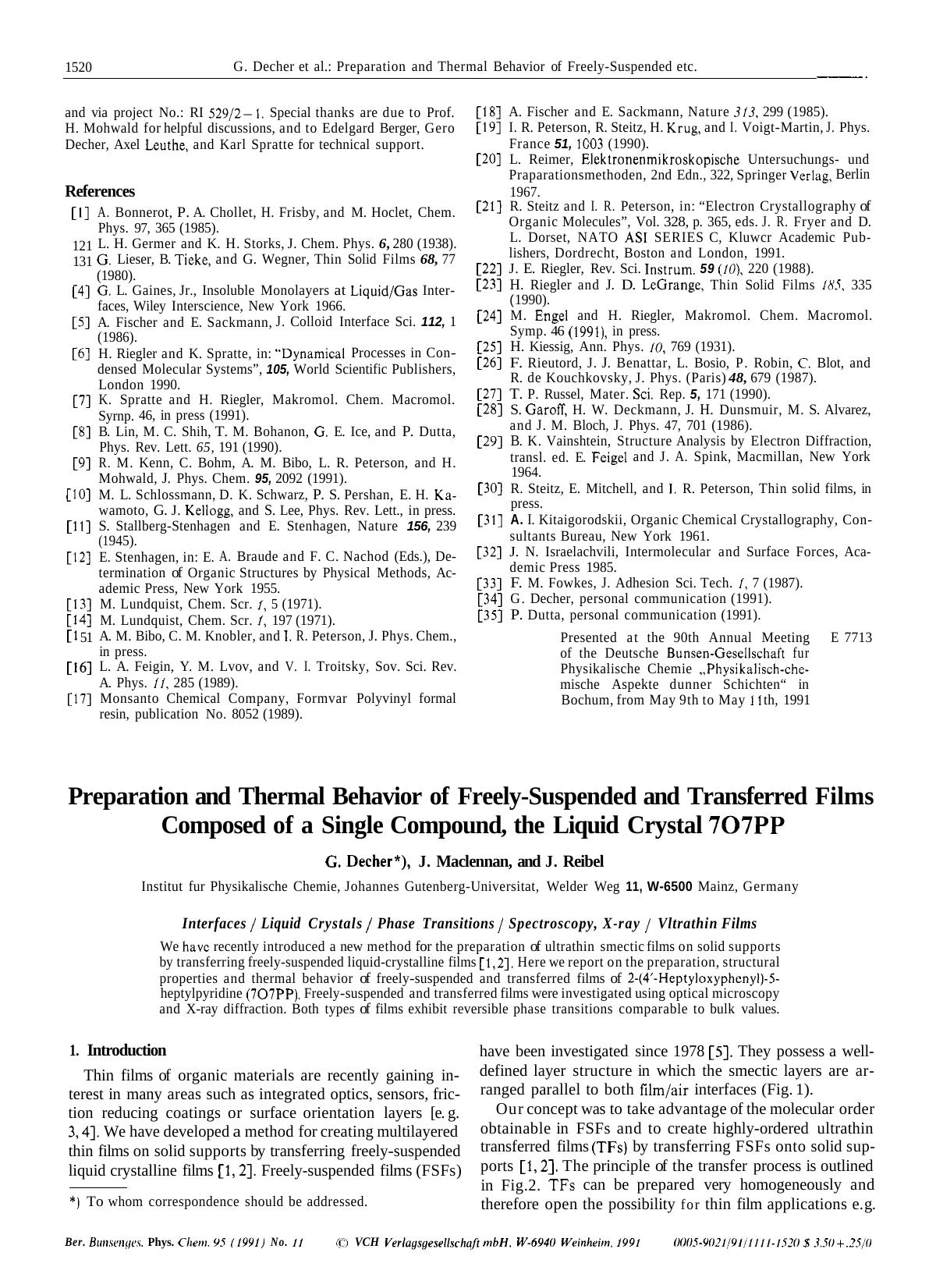 Preparation and Thermal Behavior of Freely-Suspended and Transferred Films Composed of a Single Compound, the Liquid Crystal 707PP by Unknown