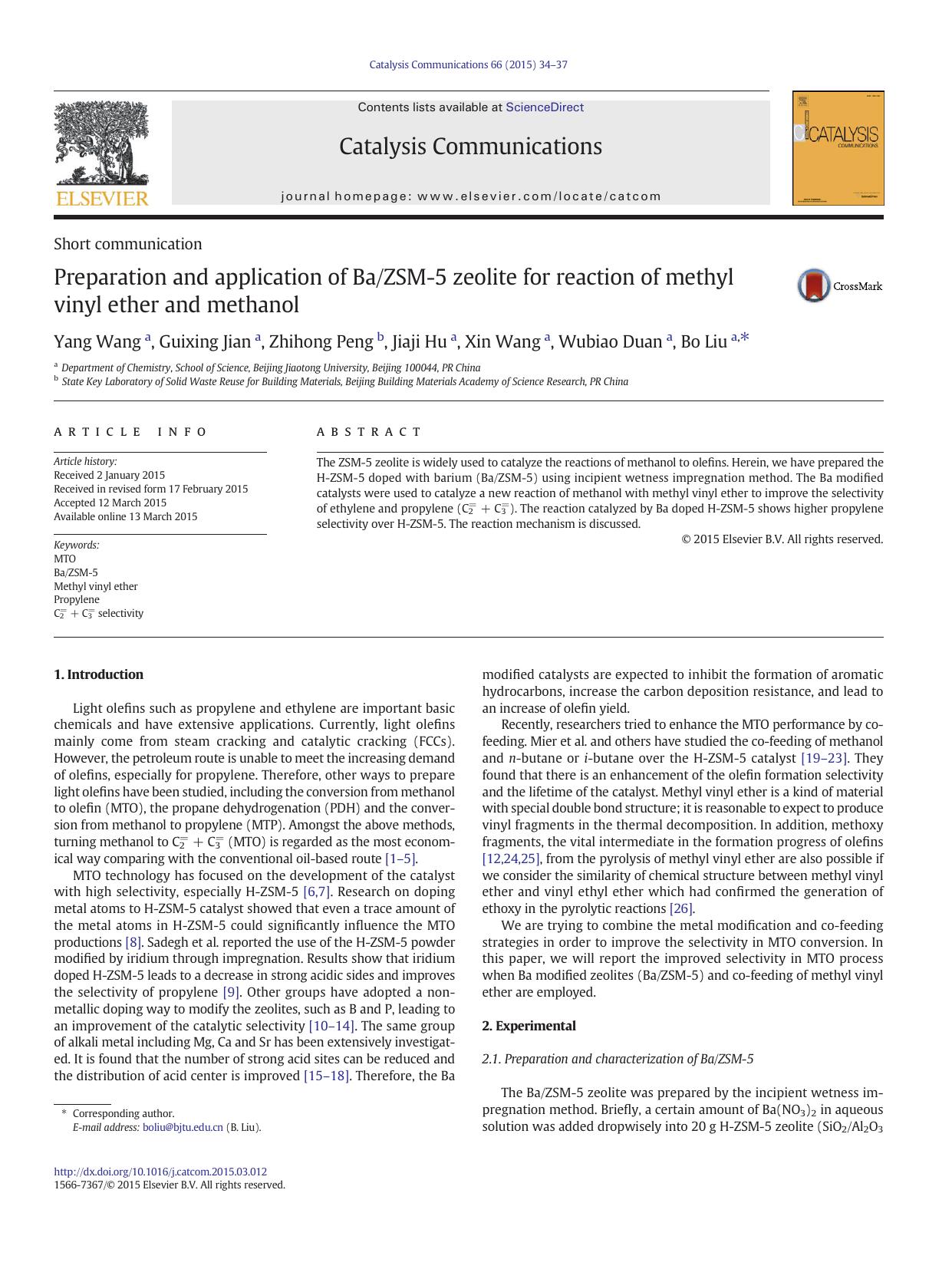 Preparation and application of BaZSM-5 zeolite for reaction of methyl vinyl ether and methanol by Yang Wang & Guixing Jian & Zhihong Peng & Jiaji Hu & Xin Wang & Wubiao Duan & Bo Liu