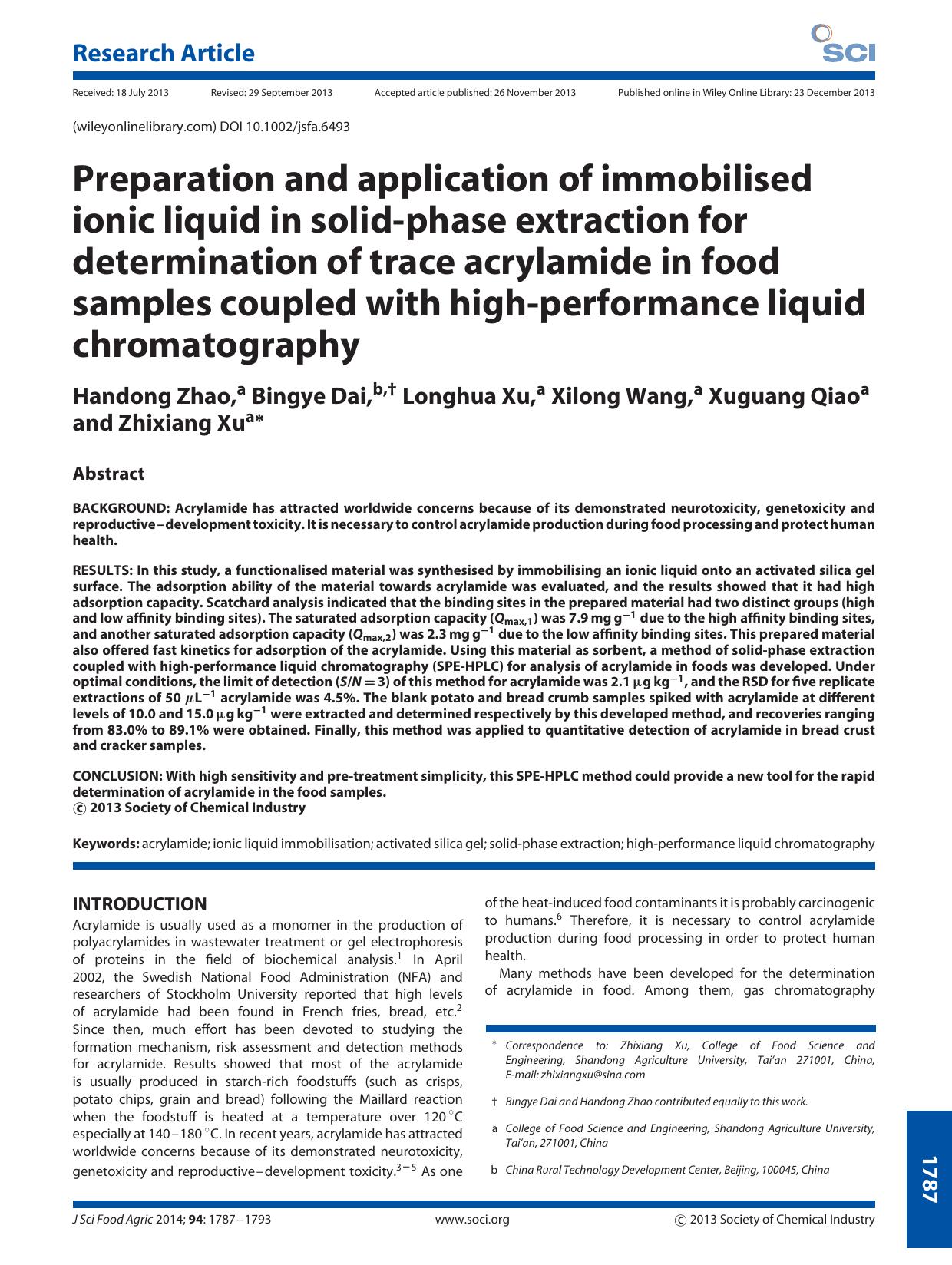 Preparation and application of immobilised ionic liquid in solidphase extraction for determination of trace acrylamide in food samples coupled with highperformance liquid chromatography by Unknown