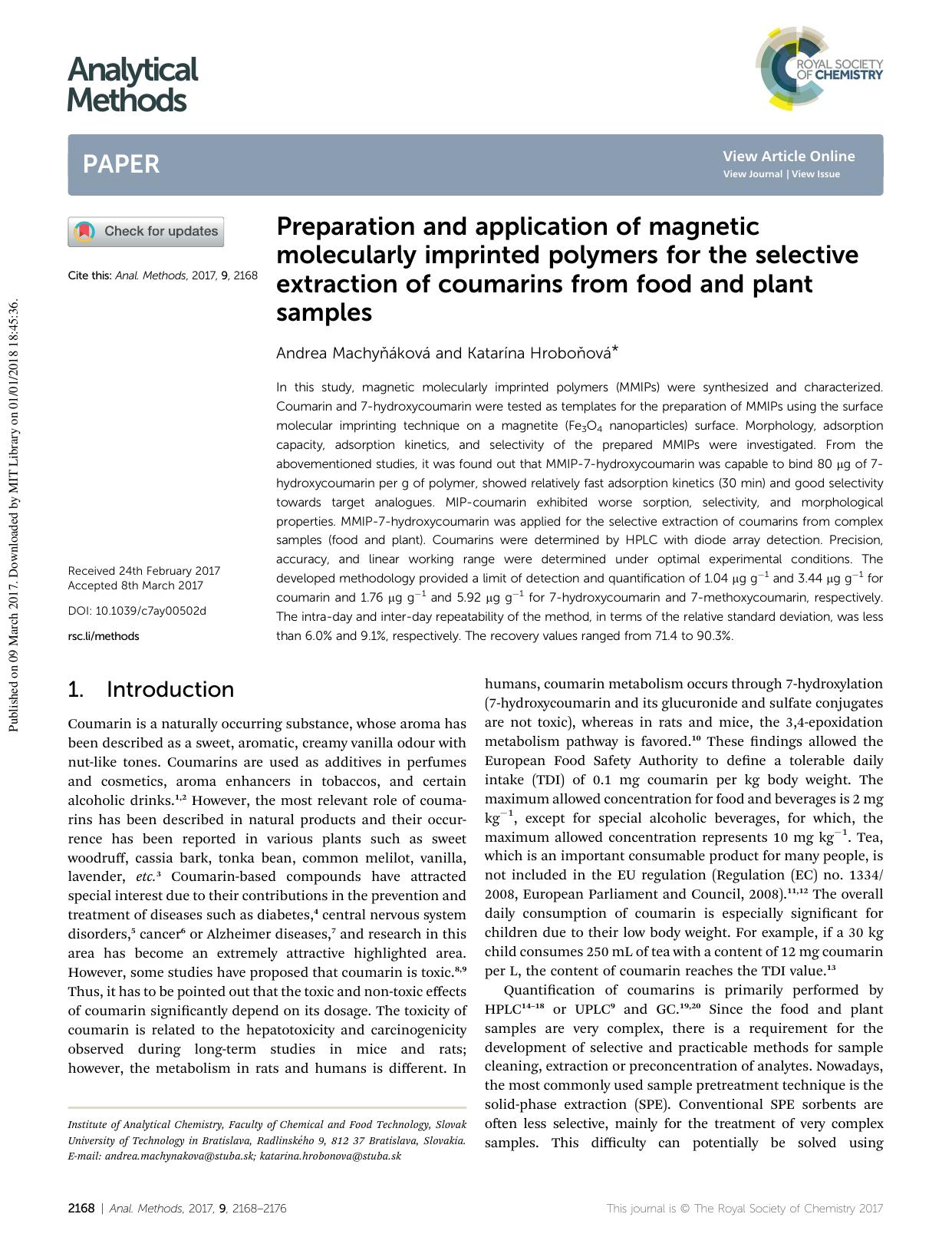 Preparation and application of magnetic molecularly imprinted polymers for the selective extraction of coumarins from food and plant samples by Andrea Machyňáková & Katarína Hroboňová