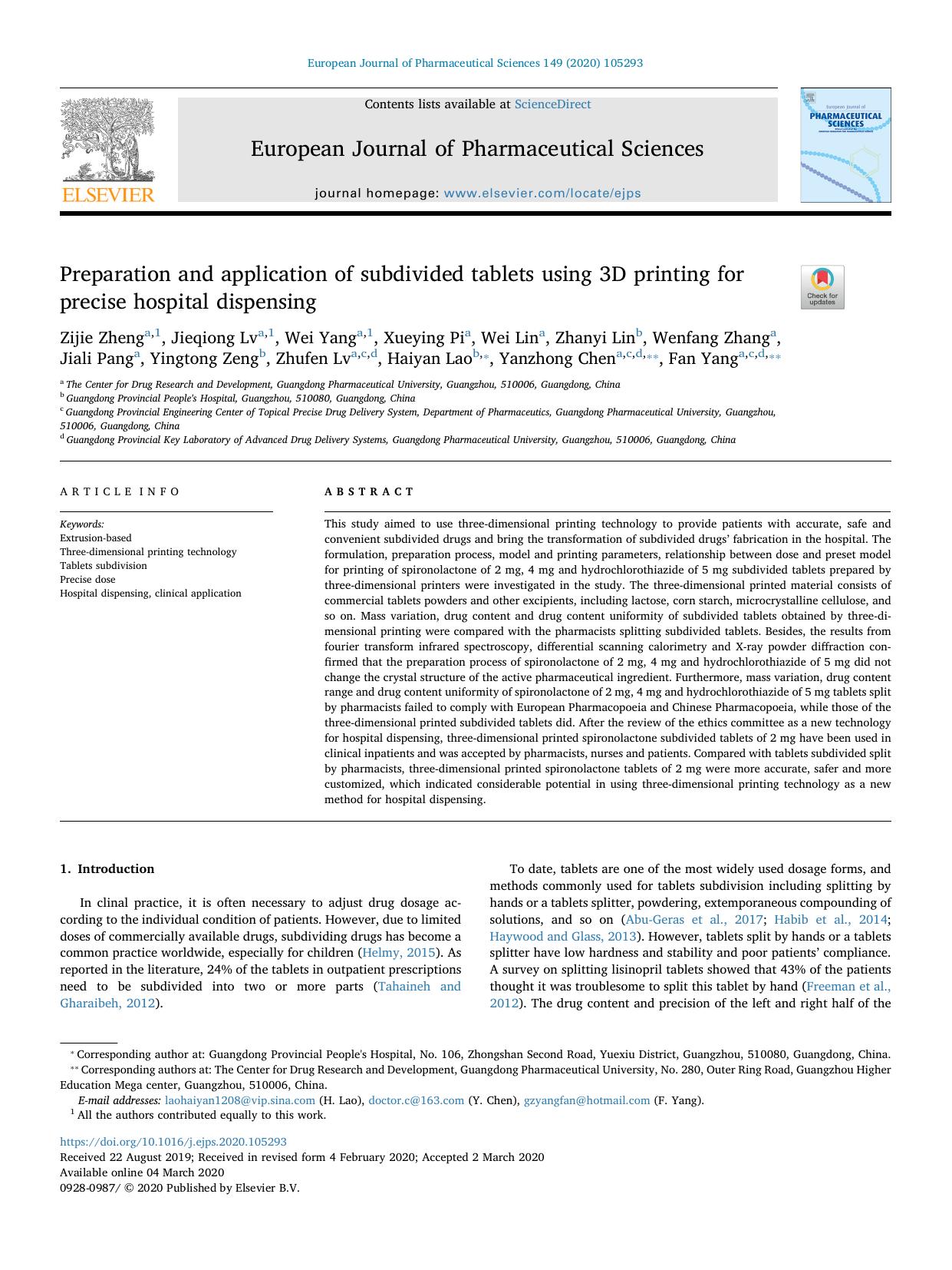 Preparation and application of subdivided tablets using 3D printing for precise hospital dispensing by unknow