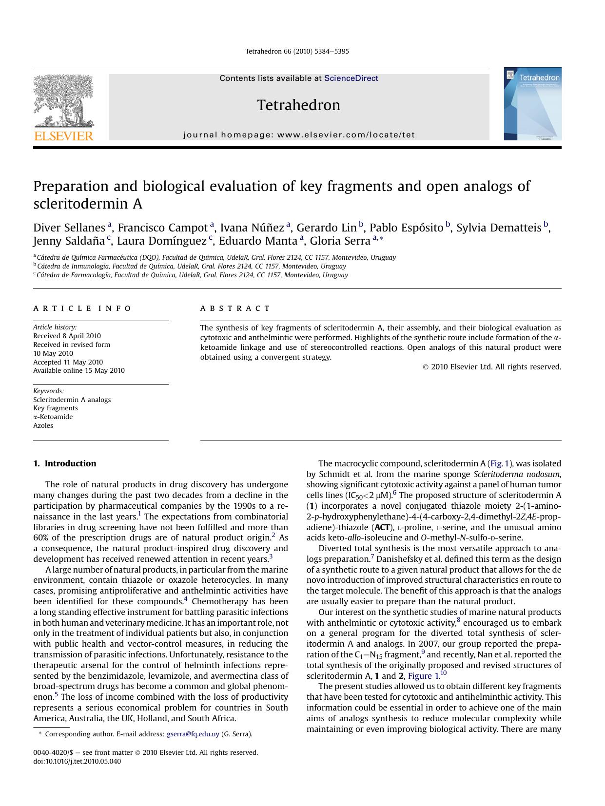 Preparation and biological evaluation of key fragments and open analogs of scleritodermin A by unknow