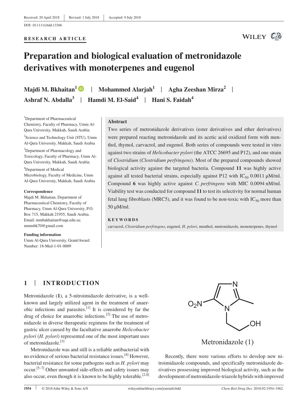Preparation and biological evaluation of metronidazole derivatives with monoterpenes and eugenol by unknow