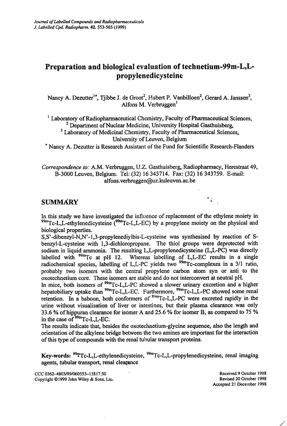 Preparation and biological evaluation of technetium-99m-L,L-propylenedicysteine by Unknown