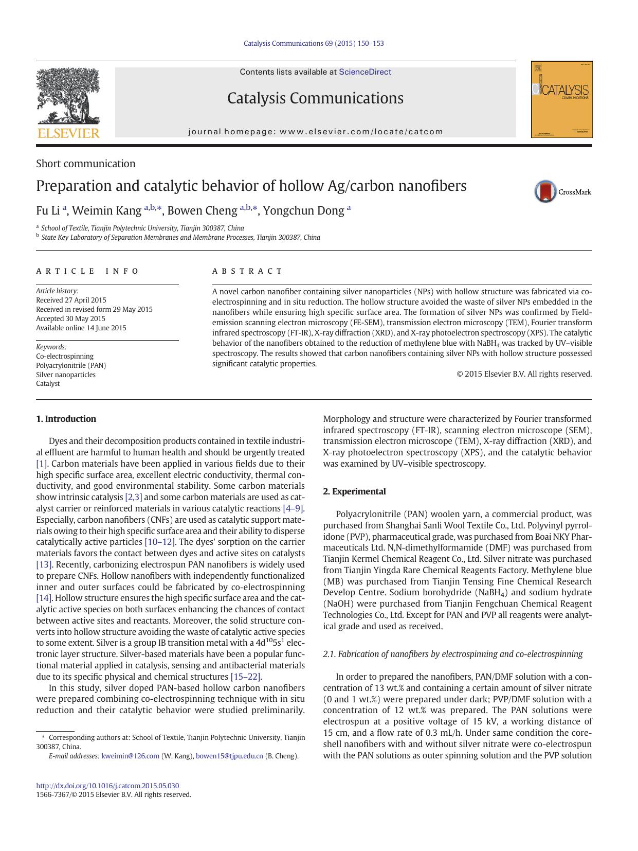 Preparation and catalytic behavior of hollow Agcarbon nanofibers by Fu Li & Weimin Kang & Bowen Cheng & Yongchun Dong