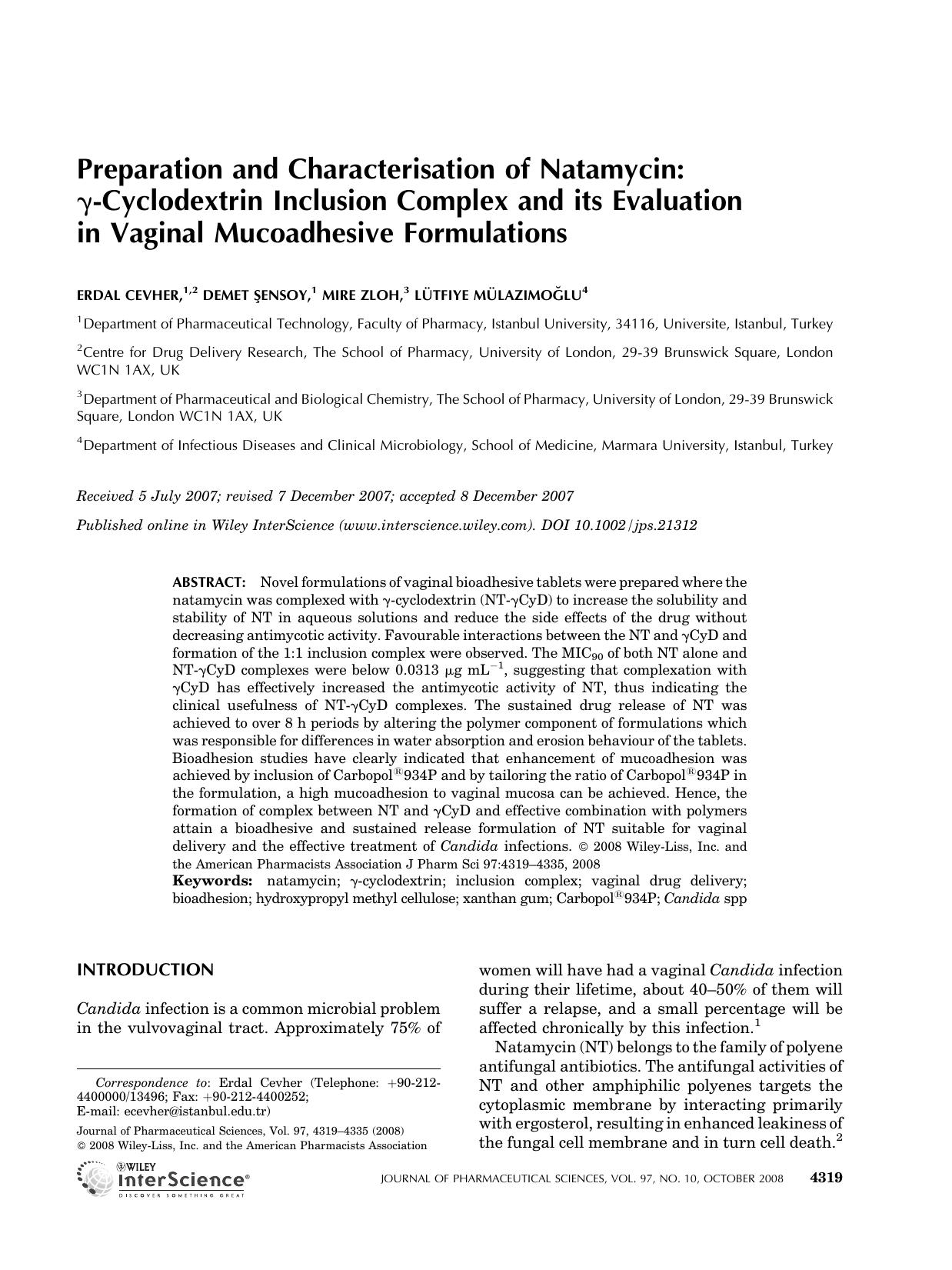 Preparation and characterisation of natamycin: [gamma]-cyclodextrin inclusion complex and its evaluation in vaginal mucoadhesive formulations by Unknown