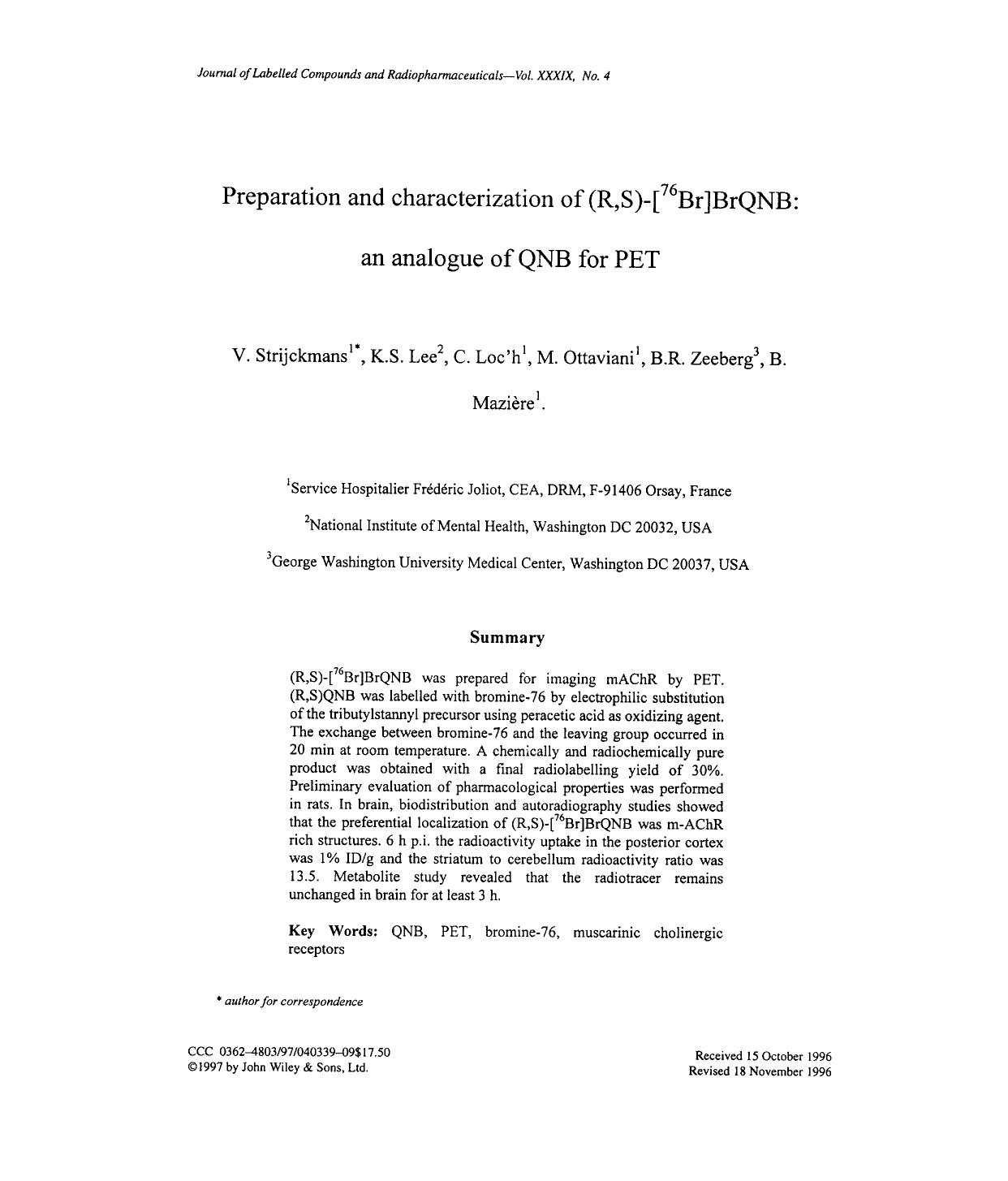 Preparation and characterization of (R,S)-[76Br]BrQNB: An analogue of QNB for PET by Unknown