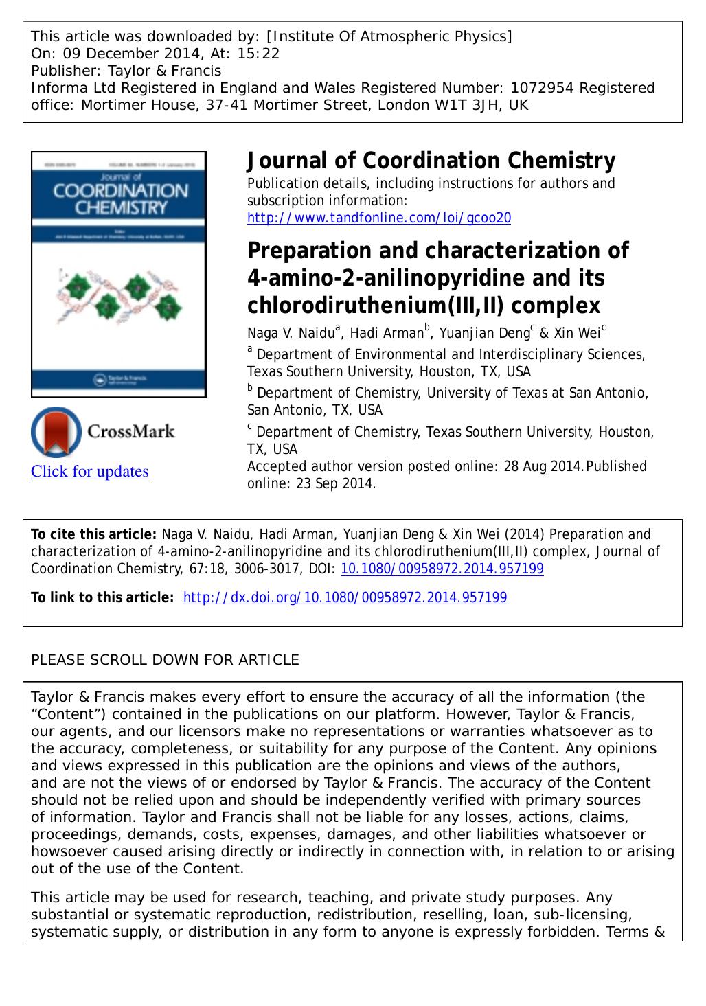 Preparation and characterization of 4-amino-2-anilinopyridine and its chlorodiruthenium(III,II) complex by Naga V. Naidu