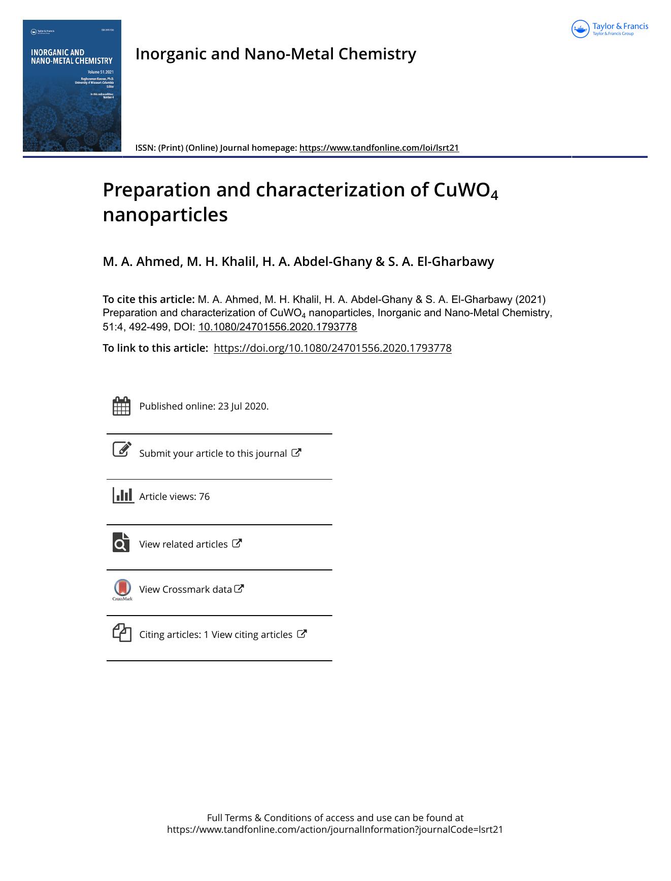 Preparation and characterization of CuWO4 nanoparticles by Ahmed M. A. & Khalil M. H. & Abdel-Ghany H. A. & El-Gharbawy S. A