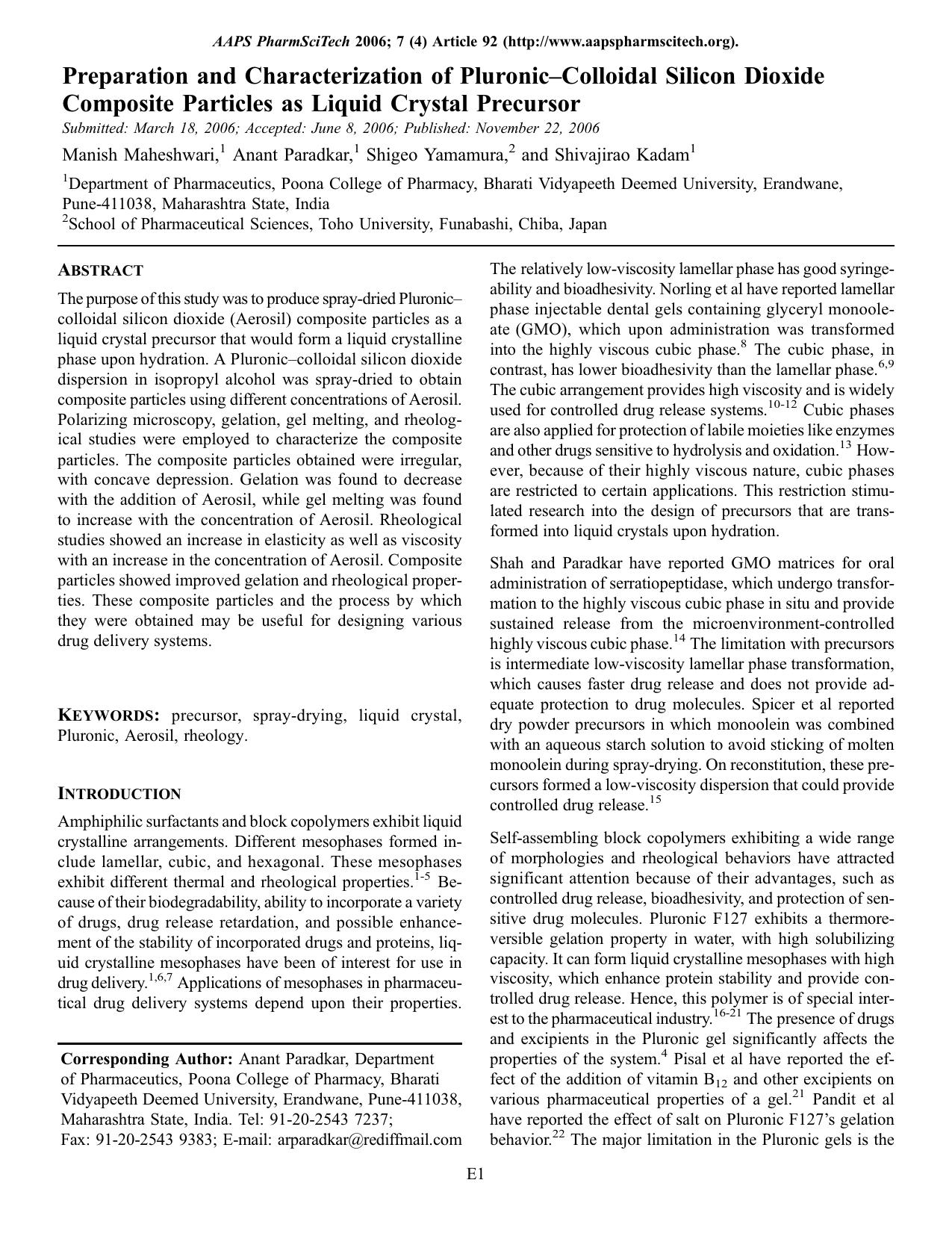 Preparation and characterization of Pluronic-colloidal silicon dioxide composite particles as liquid crystal precursor by Unknown