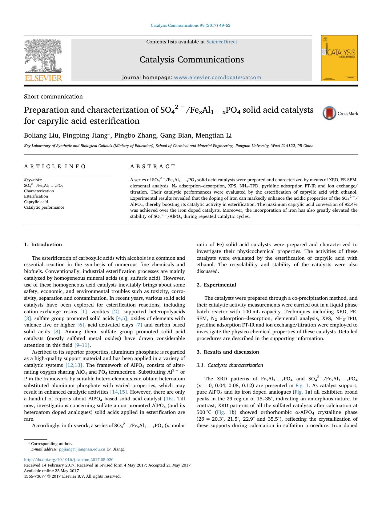 Preparation and characterization of SO42âFexAl1âxPO4 solid acid catalysts for caprylic acid esterification by Boliang Liu & Pingping Jiang & Pingbo Zhang & Gang Bian & Mengtian Li