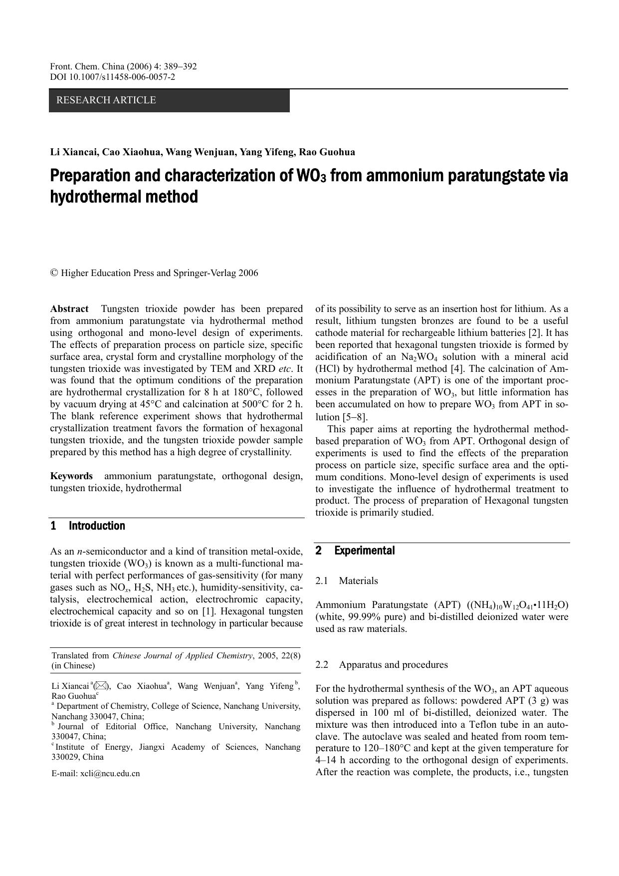 Preparation and characterization of WO<Subscript>3<Subscript> from ammonium paratungstate via hydrothermal method by Unknown