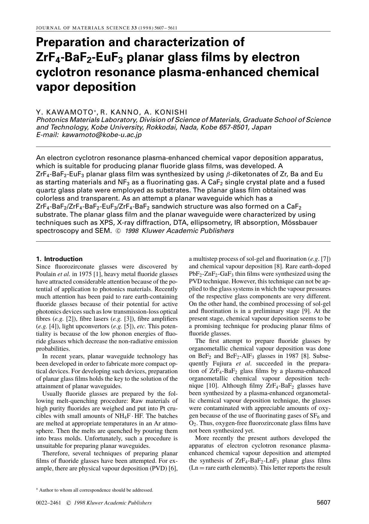 Preparation and characterization of ZrF4-BaF2-EuF3 planar glass films by electron cyclotron resonance plasma-enhanced chemical vapor deposition by Unknown