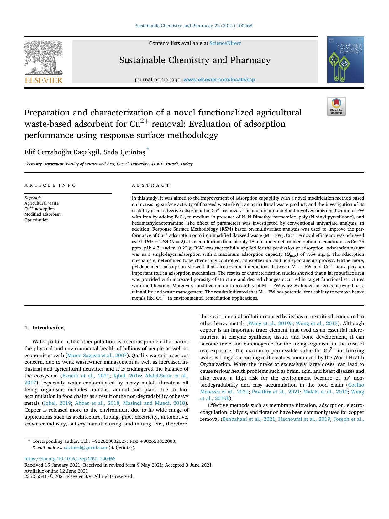 Preparation and characterization of a novel functionalized agricultural waste-based adsorbent for Cu2+ removal: Evaluation of adsorption performance using response surface methodology by Elif Cerrahoğlu Kaçakgil & Seda Çetintaş